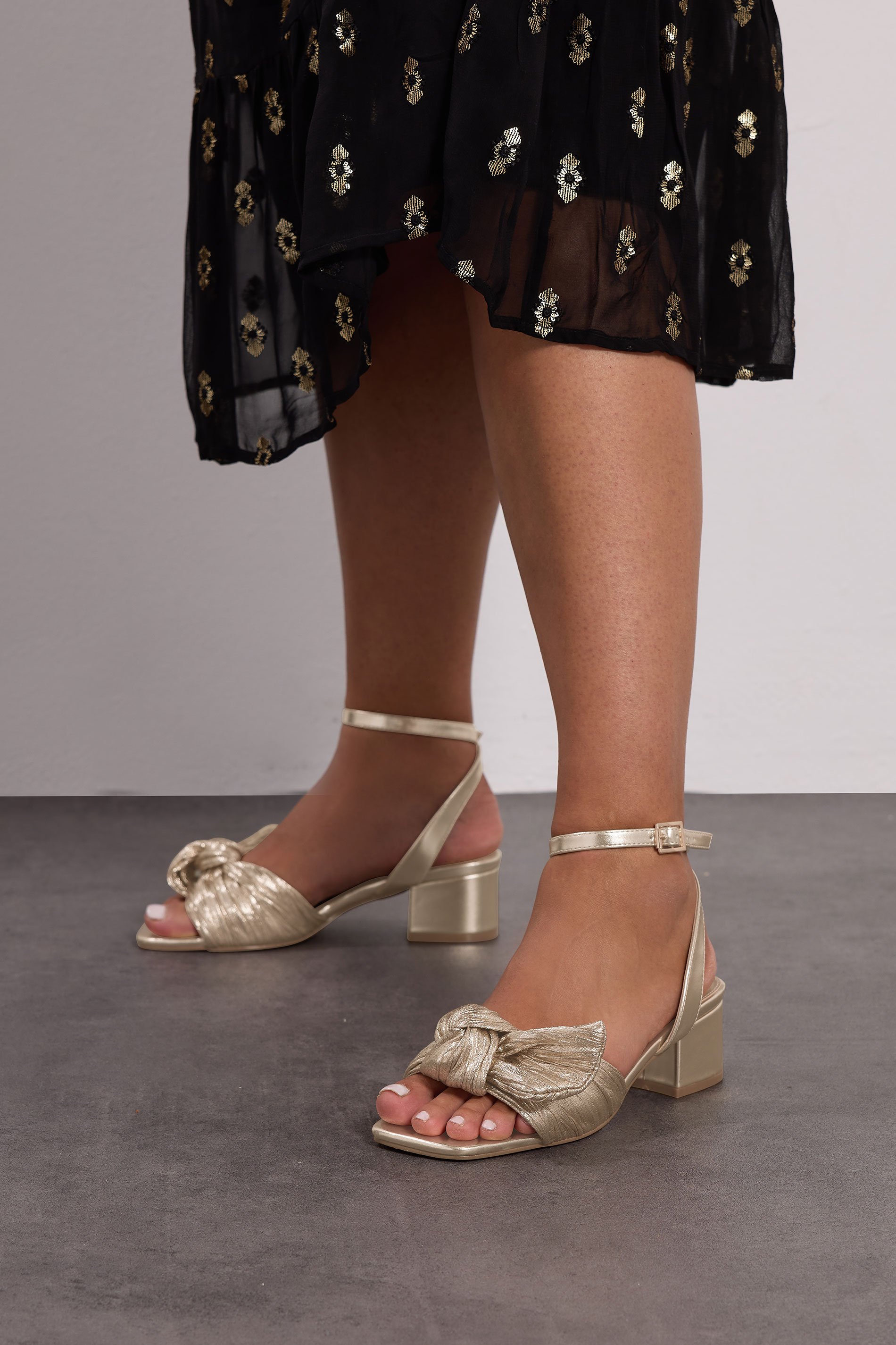 Gold Bow Mid Block Heel Sandals In Extra Wide EEE Fit | Yours Clothing 2