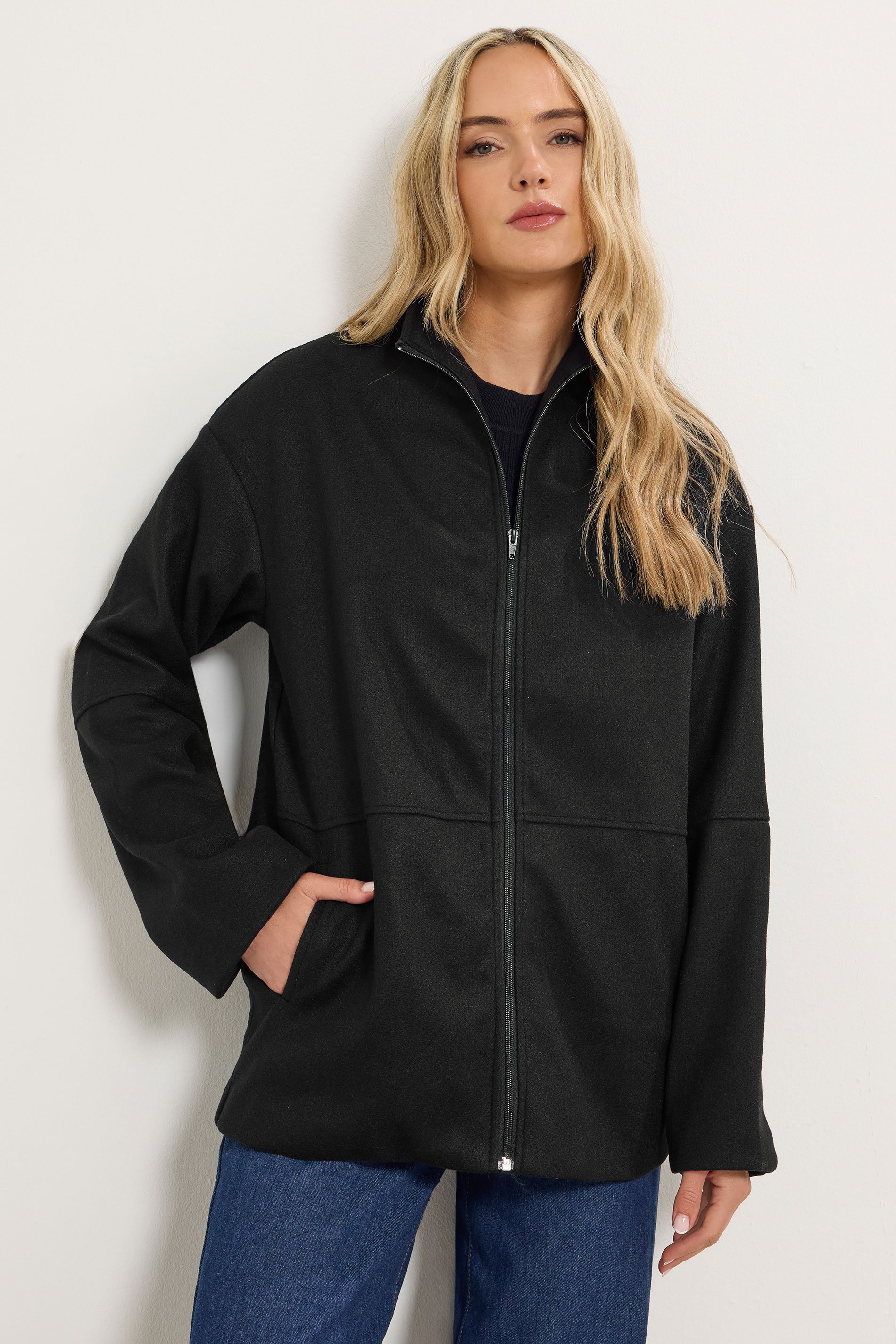 LTS Tall Black Funnel Neck Cosy Jacket | Long Tall Sally 1