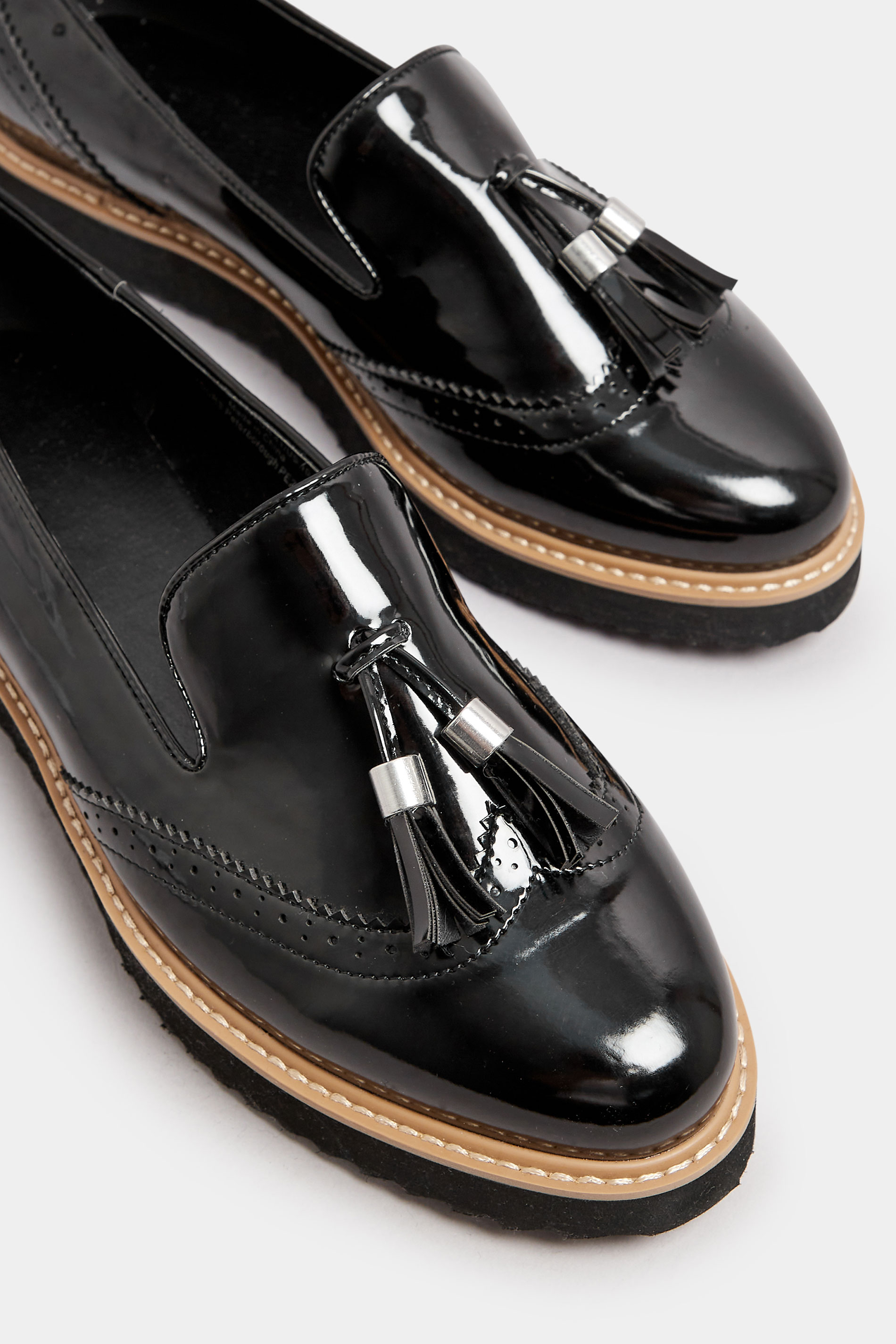 Black Brogued Patent Tassel Loafers In Extra Wide EEE Fit | Yours Clothing 5