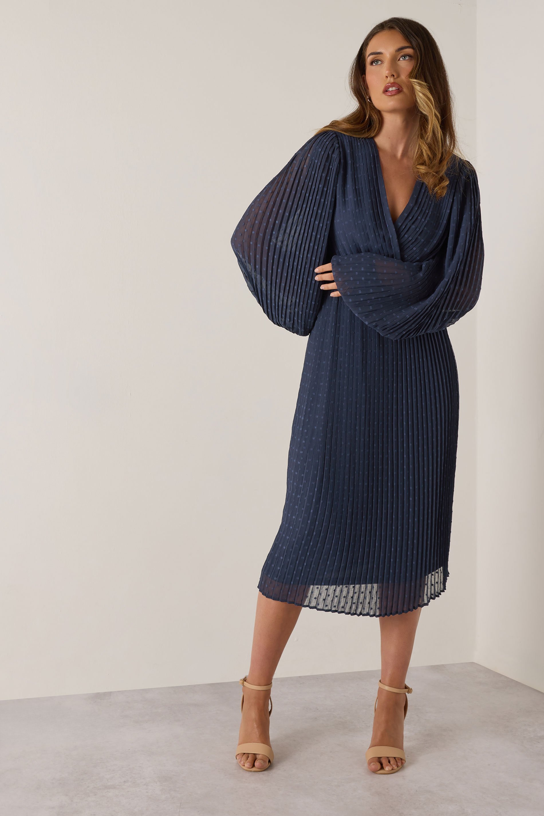 LTS Tall Navy Blue Chiffon Dobby Pleated Wrap Midi Dress | Long Tall Sally 1