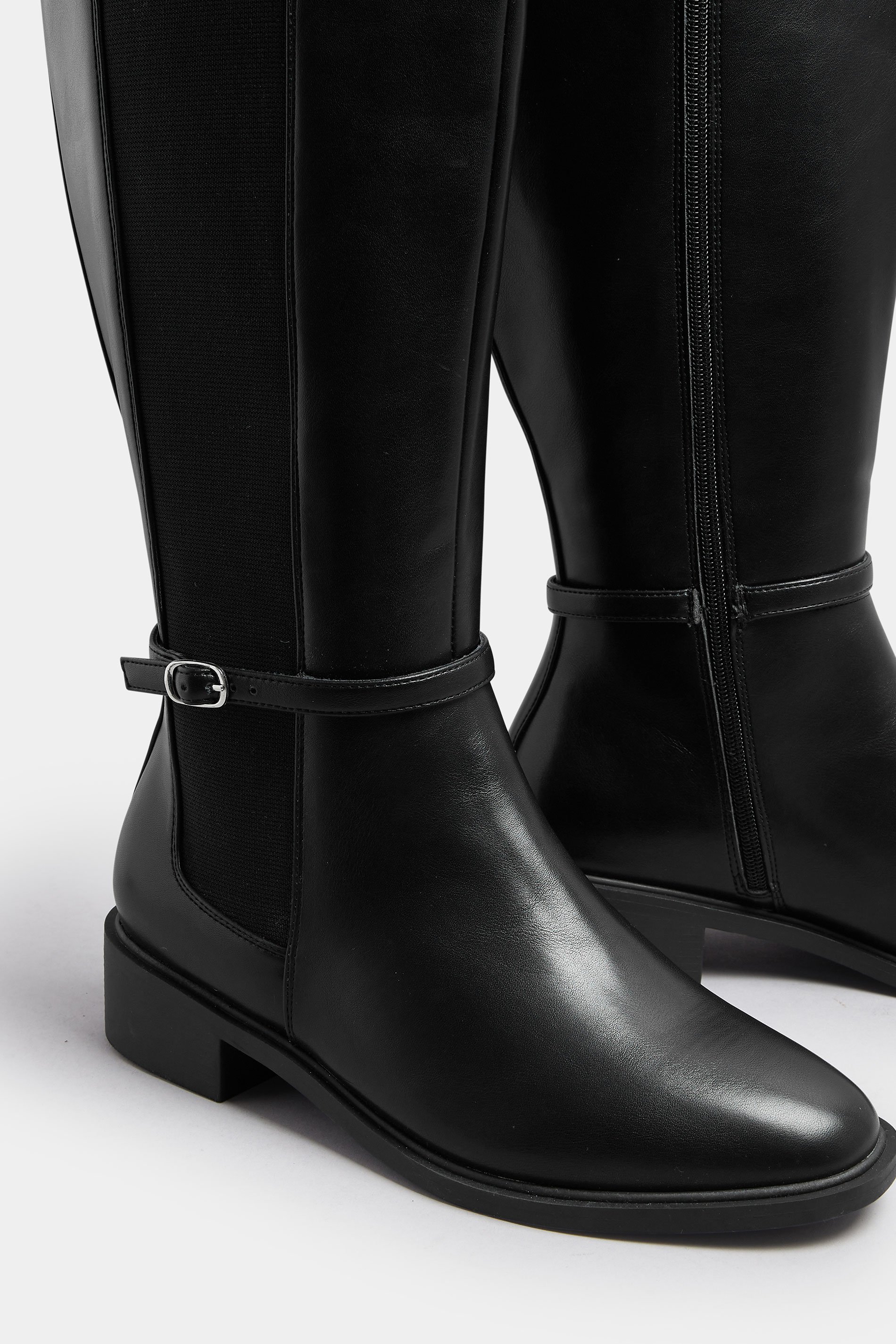Black Faux Leather Buckle Knee High Riding Boots In Extra Wide EEE Fit | Yours Clothing 5