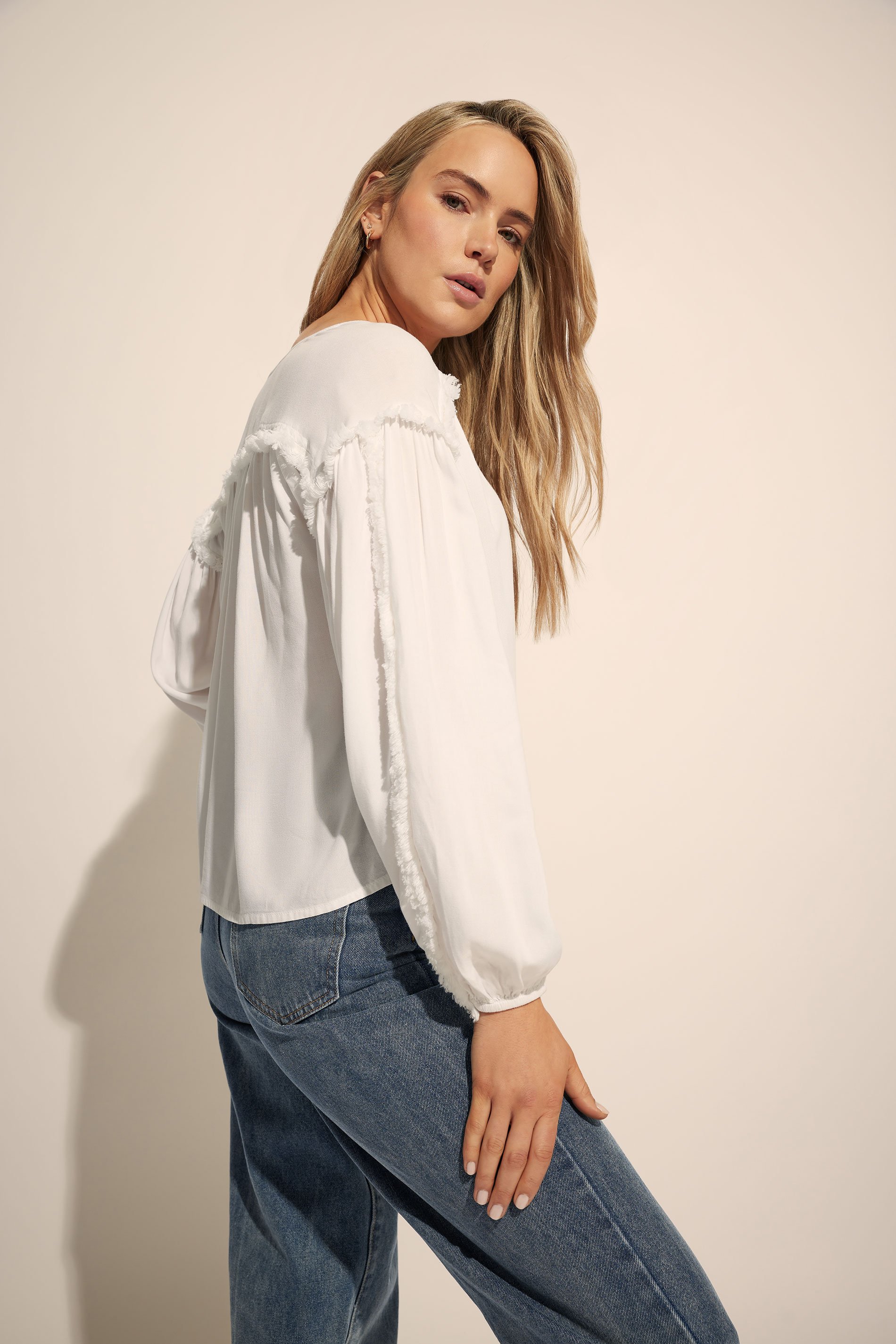 LTS Tall Ivory White Fringed Seam Tie Neck Blouse | Long Tall Sally 3