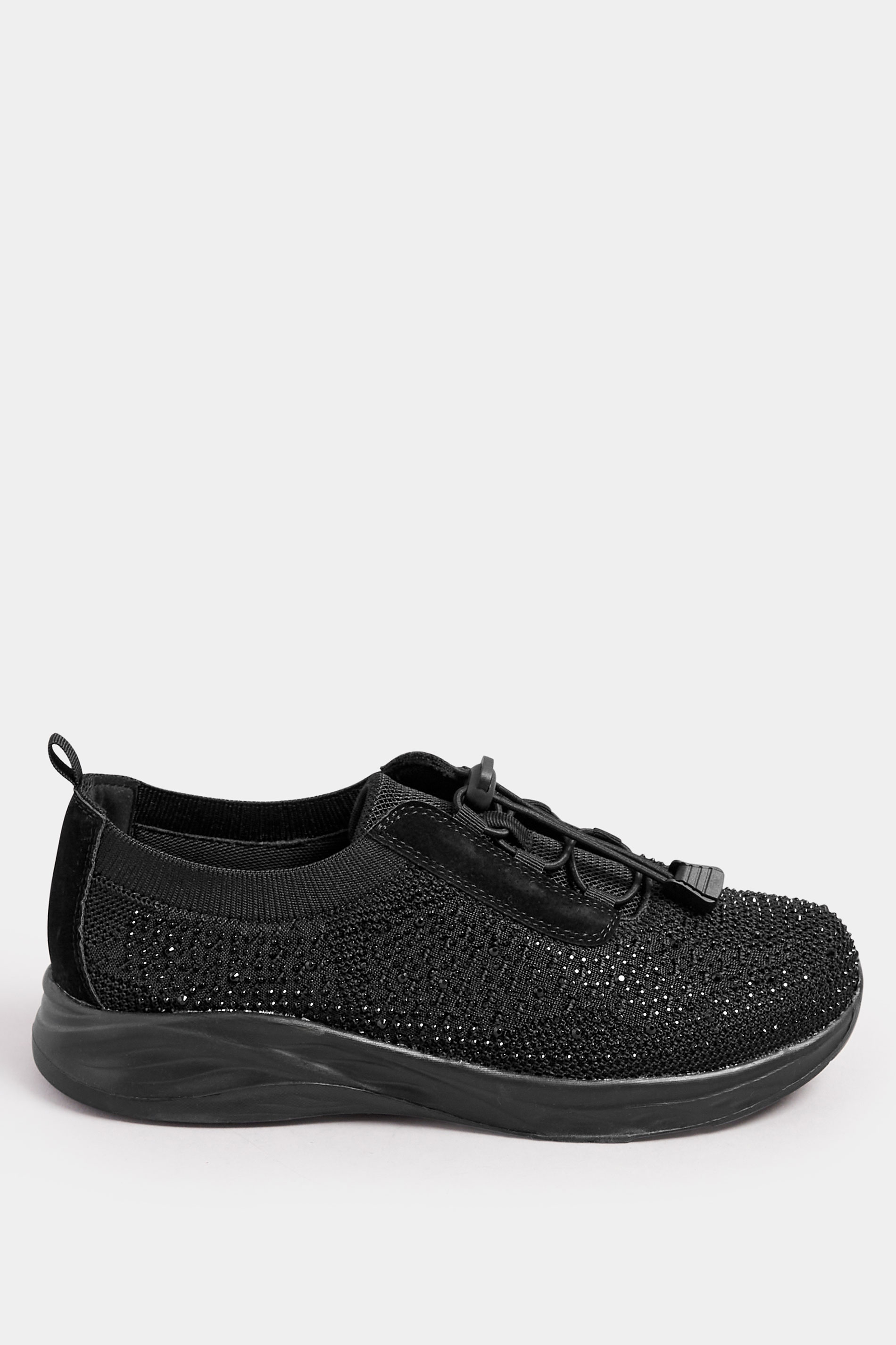 Black Diamante Embellished Drawcord Trainers In Extra Wide EEE Fit | Yours Clothing 3
