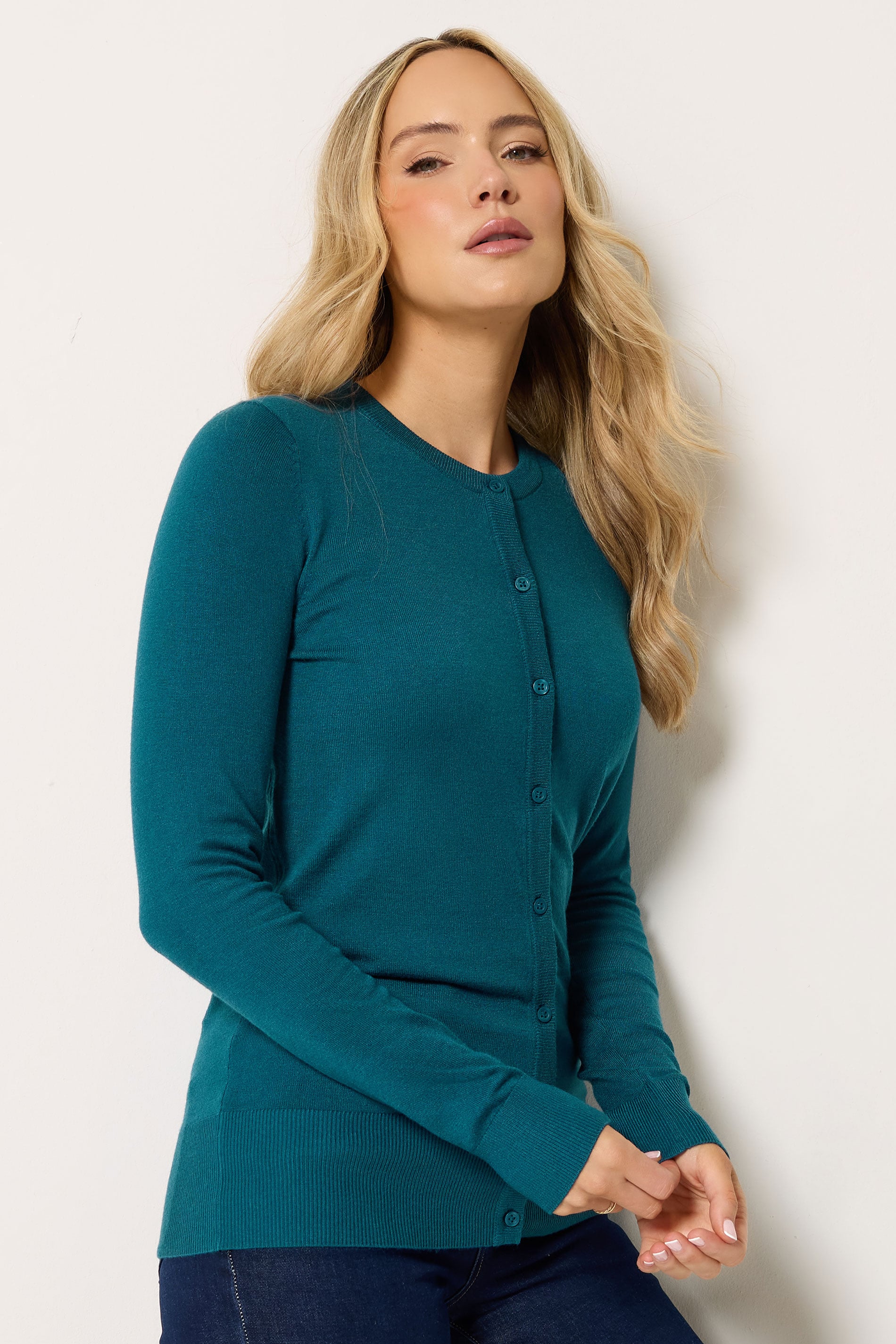LTS Tall Teal Blue Crew Neck Button Cardigan | Long Tall Sally 3