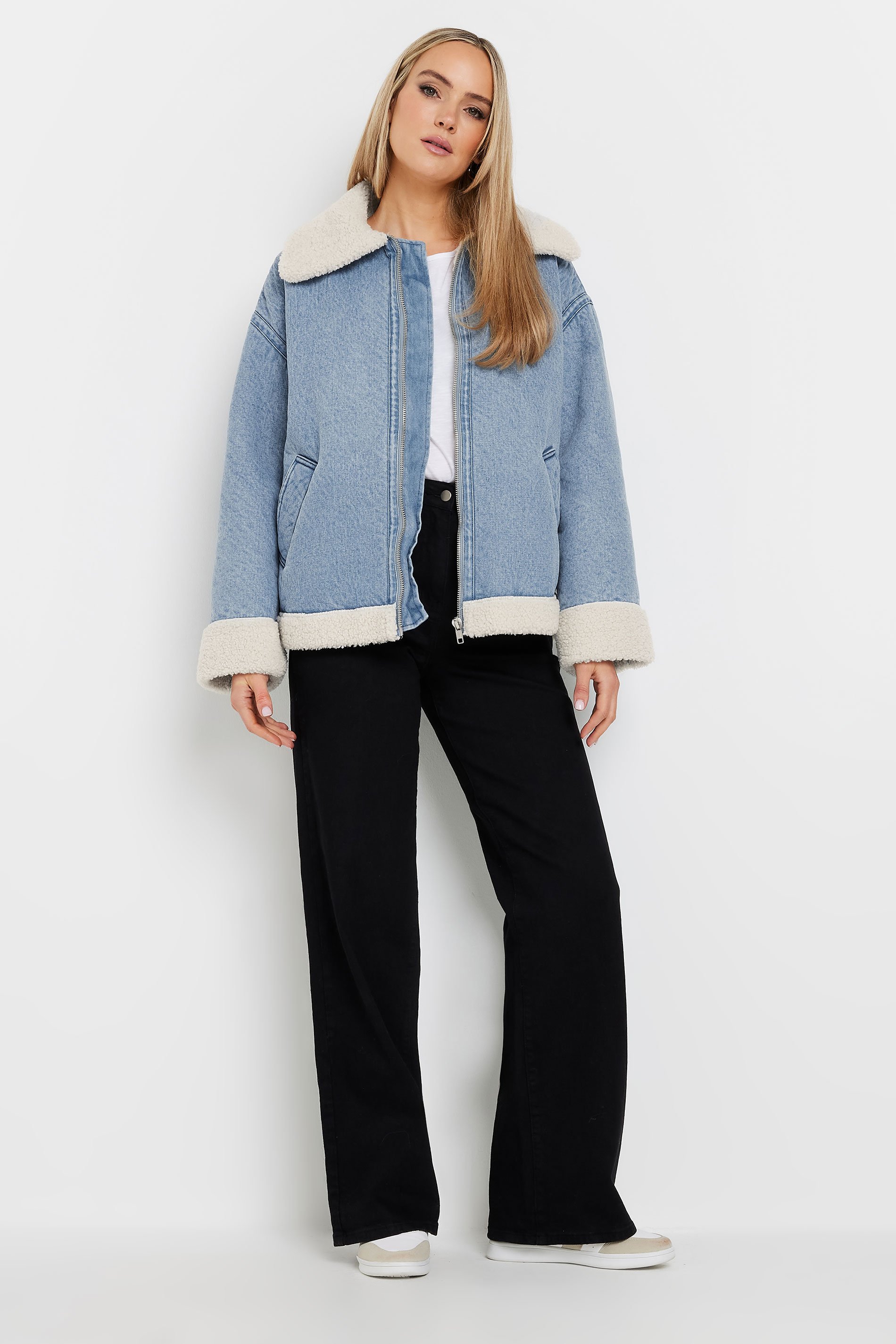 LTS Tall Light Blue Denim Borg Zip Jacket | Long Tall Sally 3