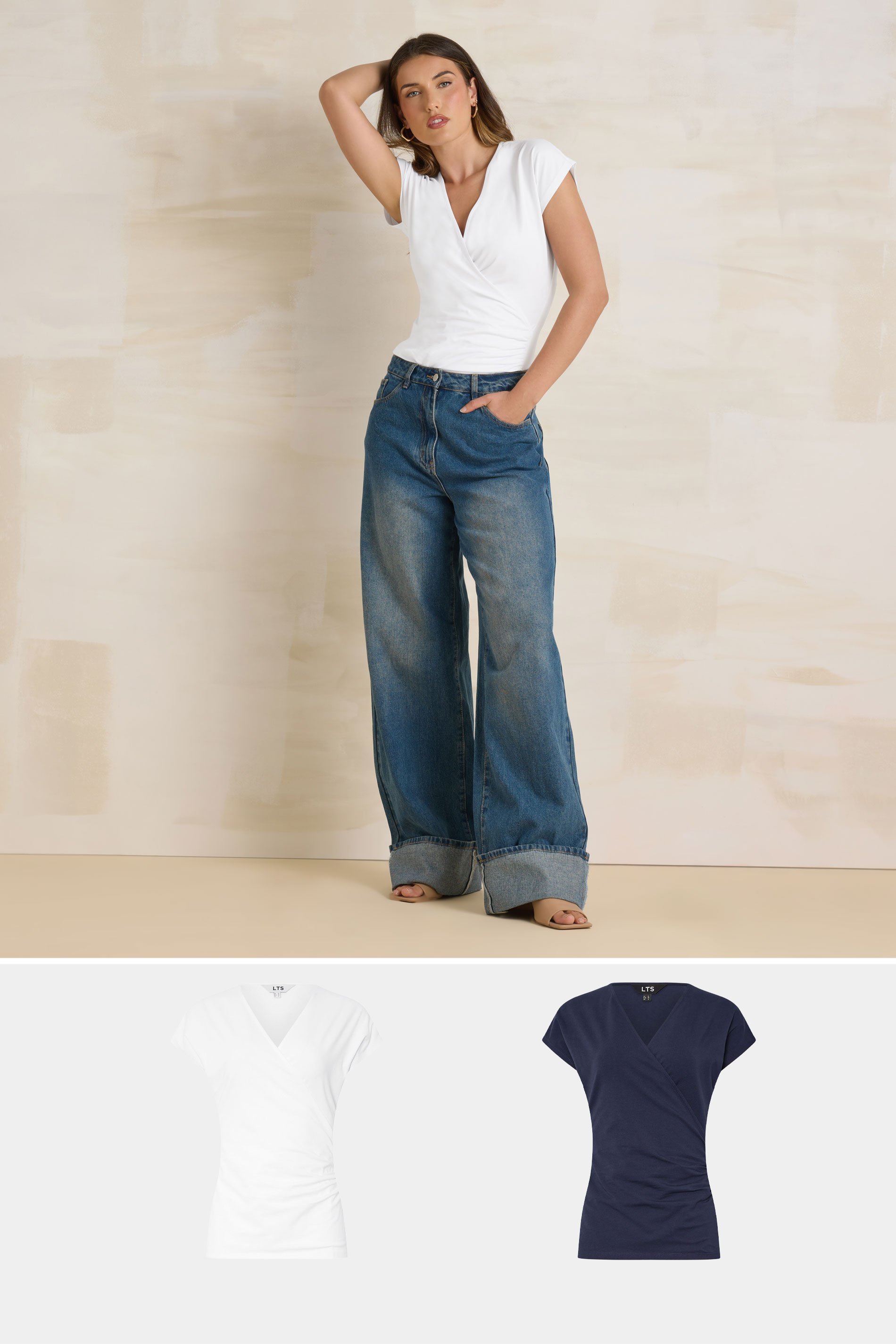 LTS Tall 2 PACK Navy Blue & White Grown Sleeve Wrap Tops | Long Tall Sally 1