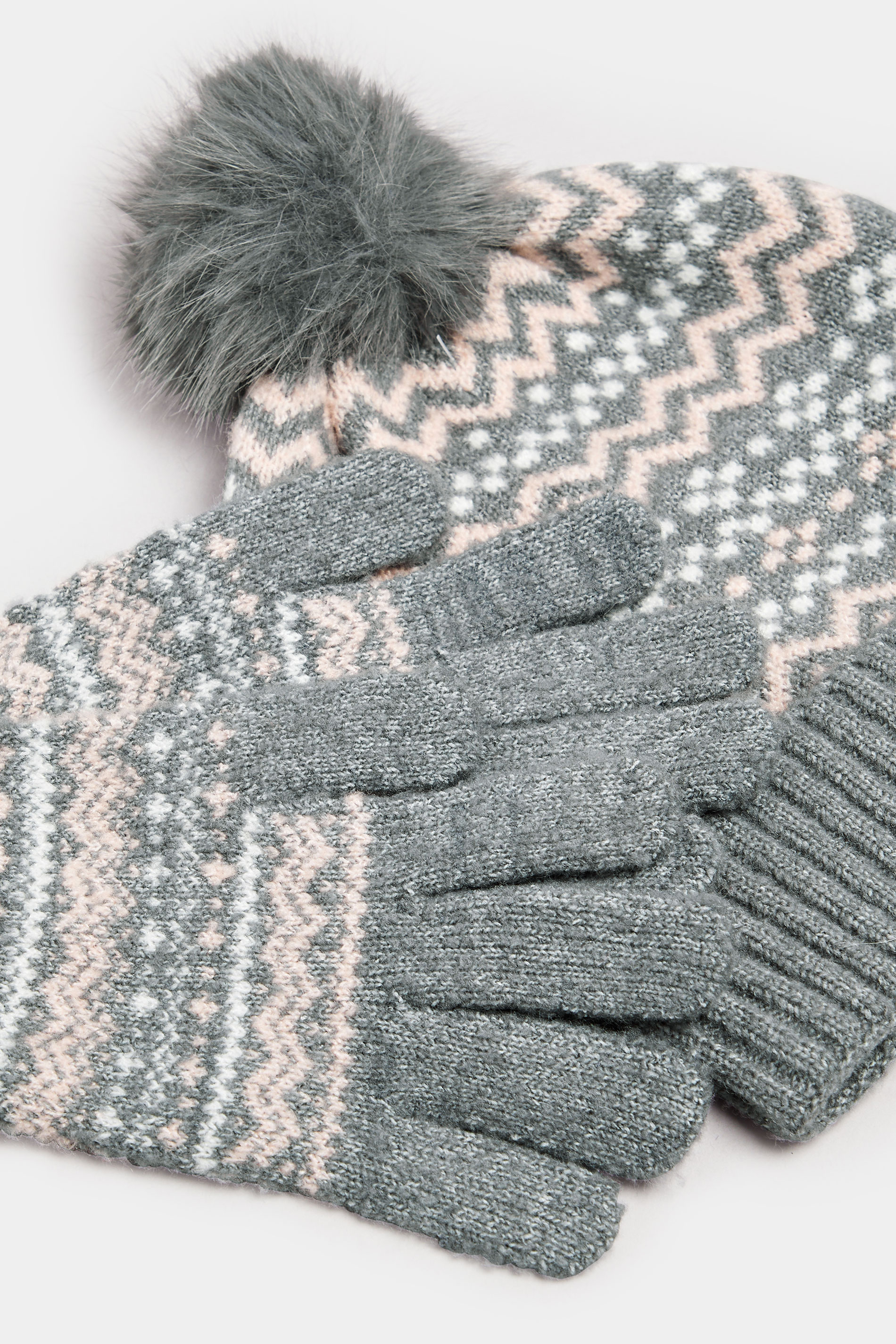 Grey Fairisle Bobble Hat & Glove Set | Yours Clothing 5