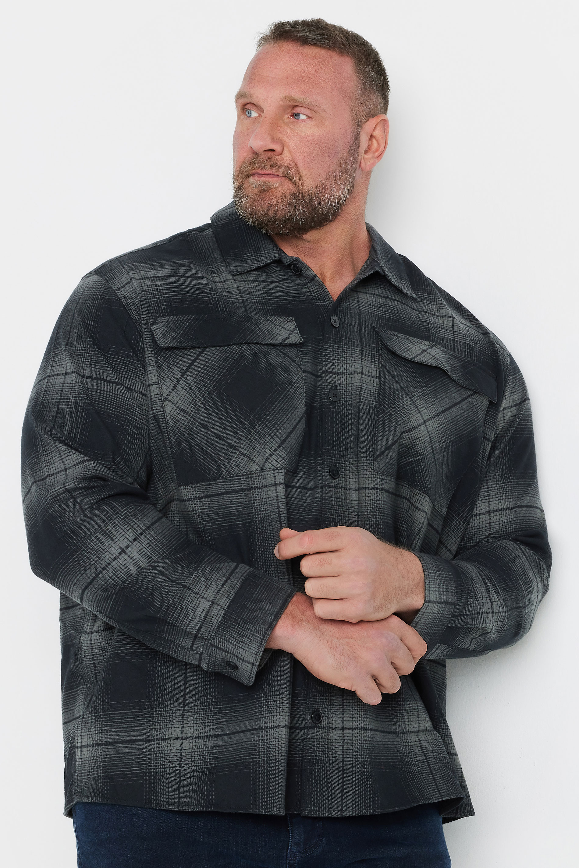 JACK & JONES Big & Tall Grey Check Overshirt | BadRhino 2