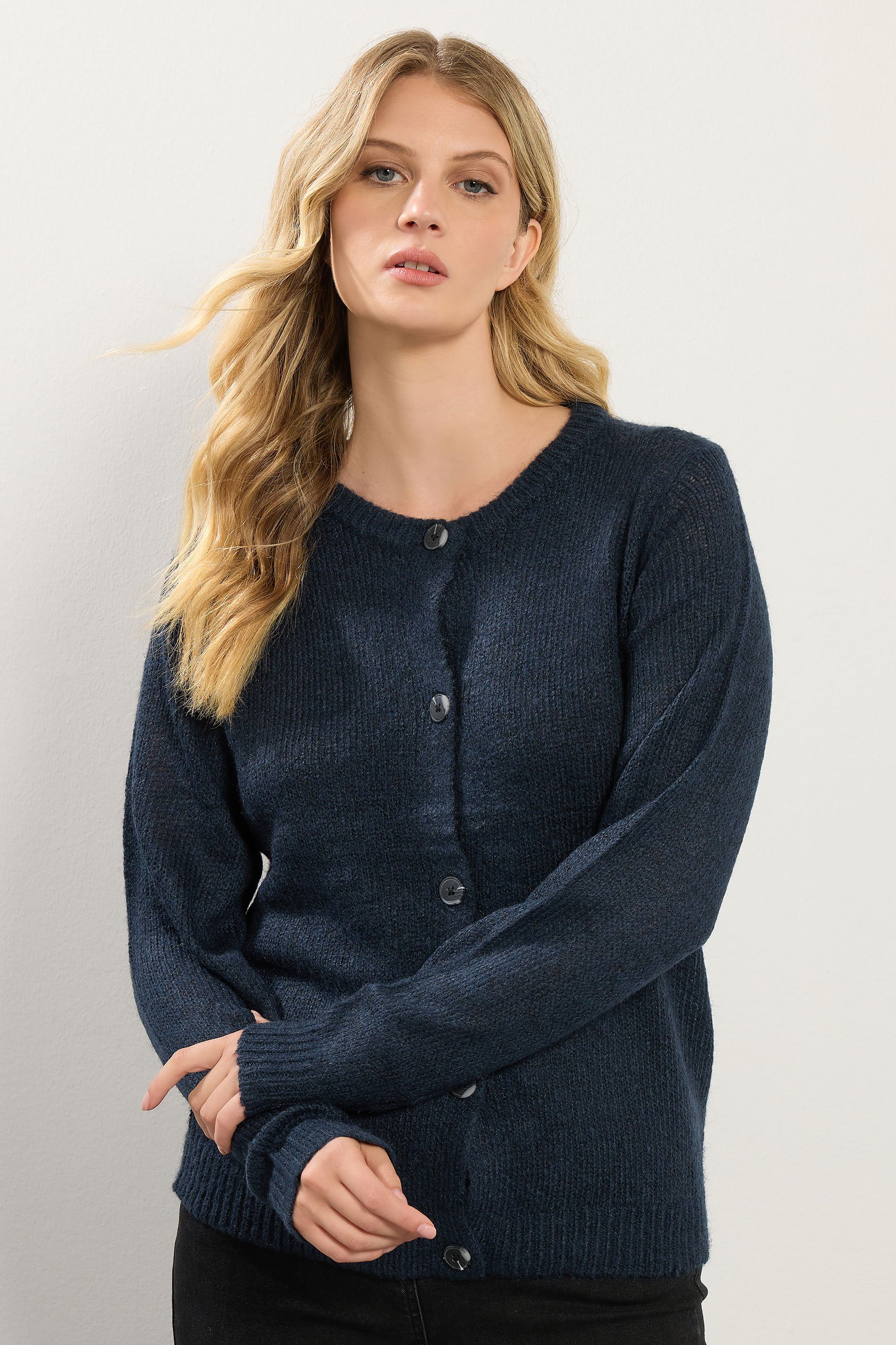 LTS Tall Navy Blue Knitted Button Cardigan | Long Tall Sally 1
