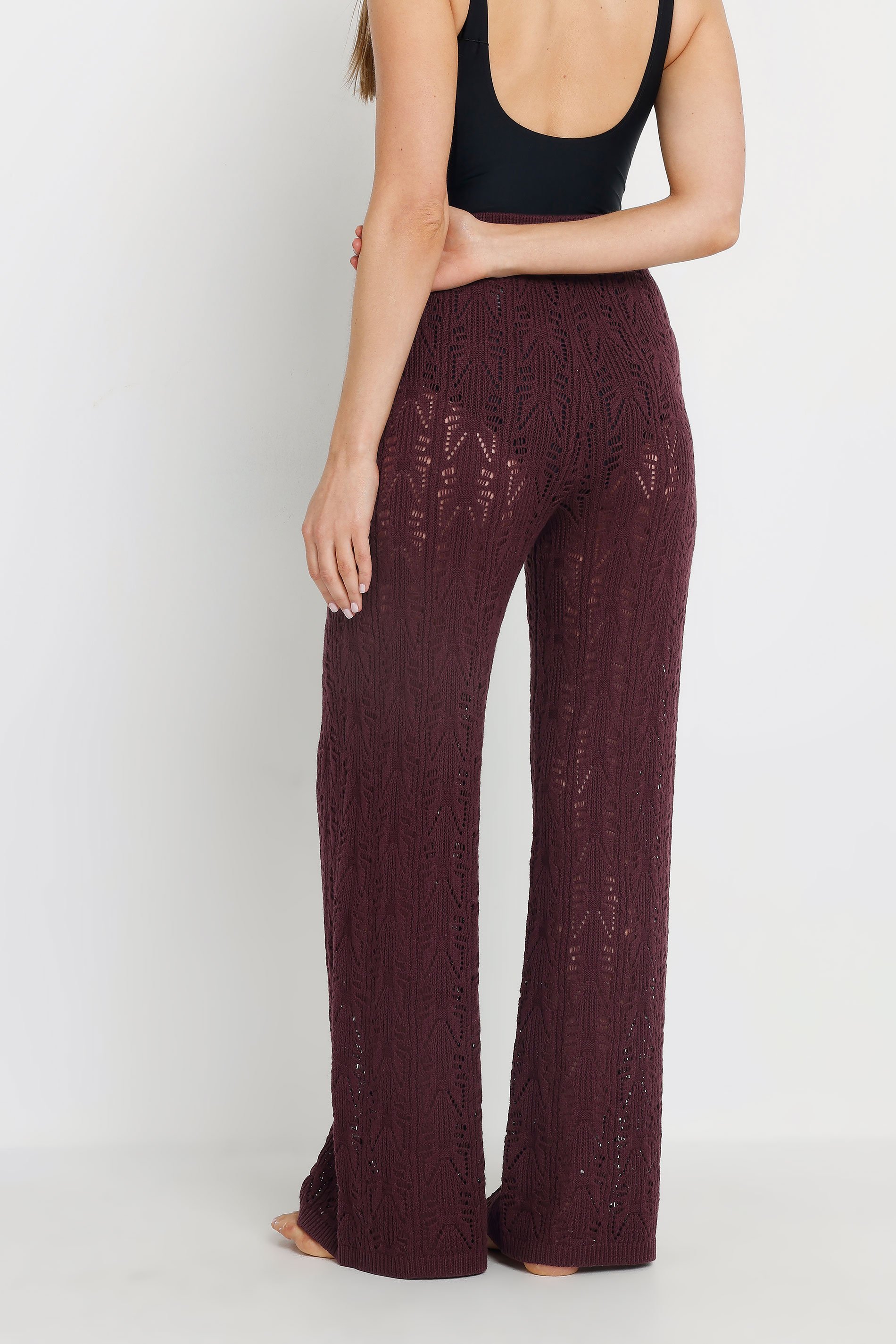 LTS Tall Dark Purple Pointelle Knit Wide Leg Trousers | Long Tall Sally 5