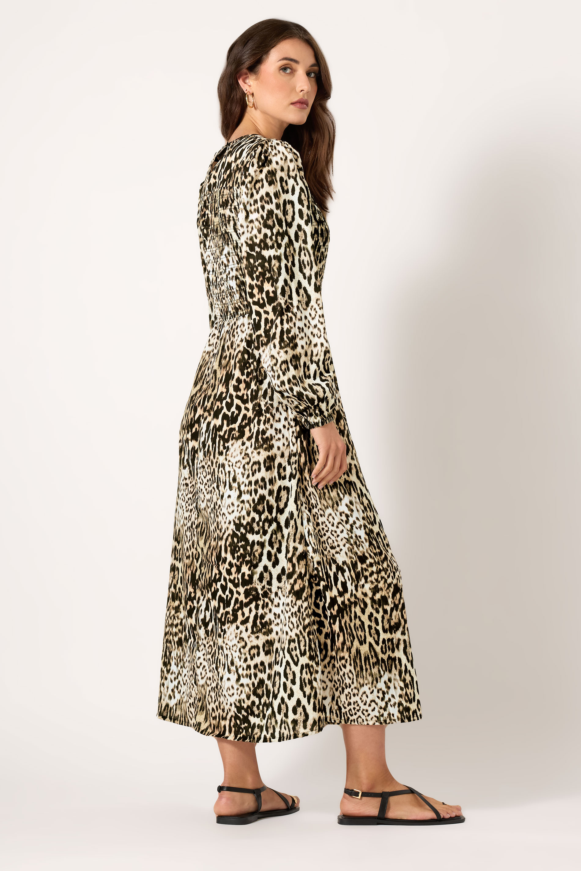 LTS Tall Natural Brown Animal Print Shirred Midaxi Dress | Long Tall Sally 3