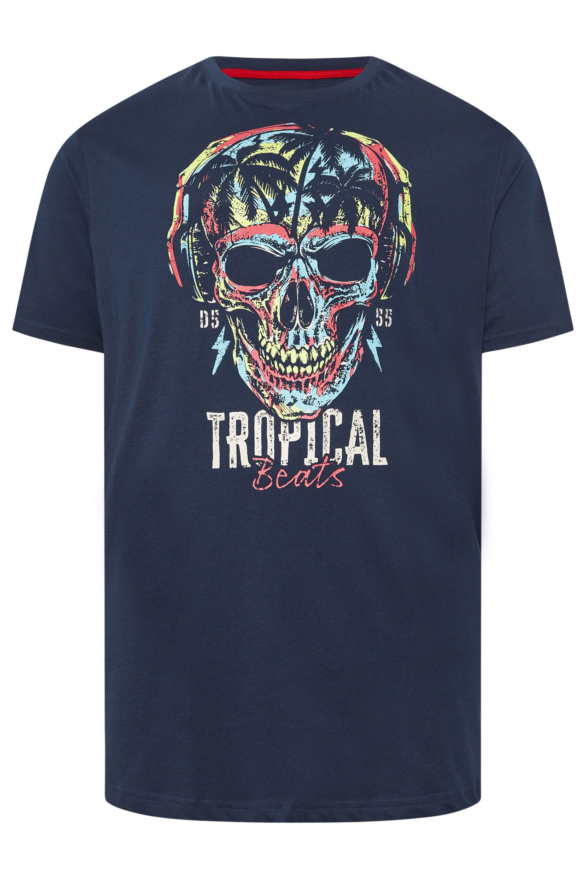 D555 Big & Tall Navy Blue Tropical Skull Print T-Shirt | BadRhino 2