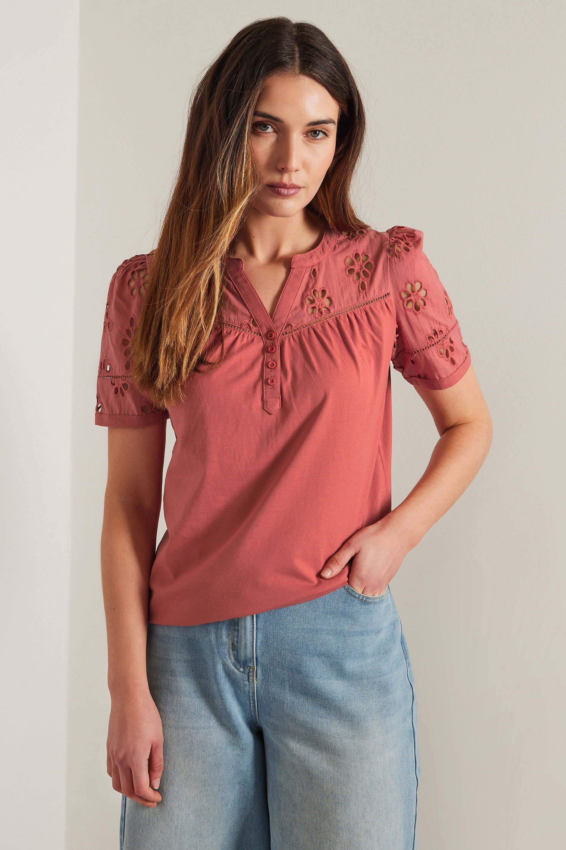 LTS Tall Coral Pink Cotton Broderie Short Sleeve Top | Long Tall Sally 2