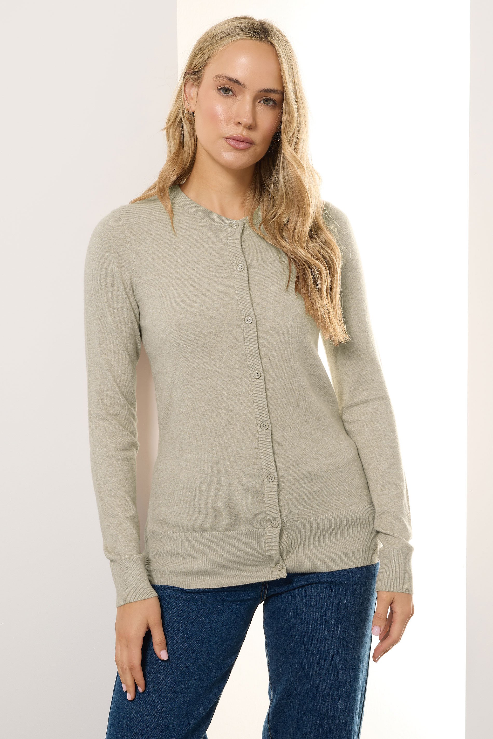 LTS Tall Cream Marl Crew Neck Button Cardigan | Long Tall Sally 2