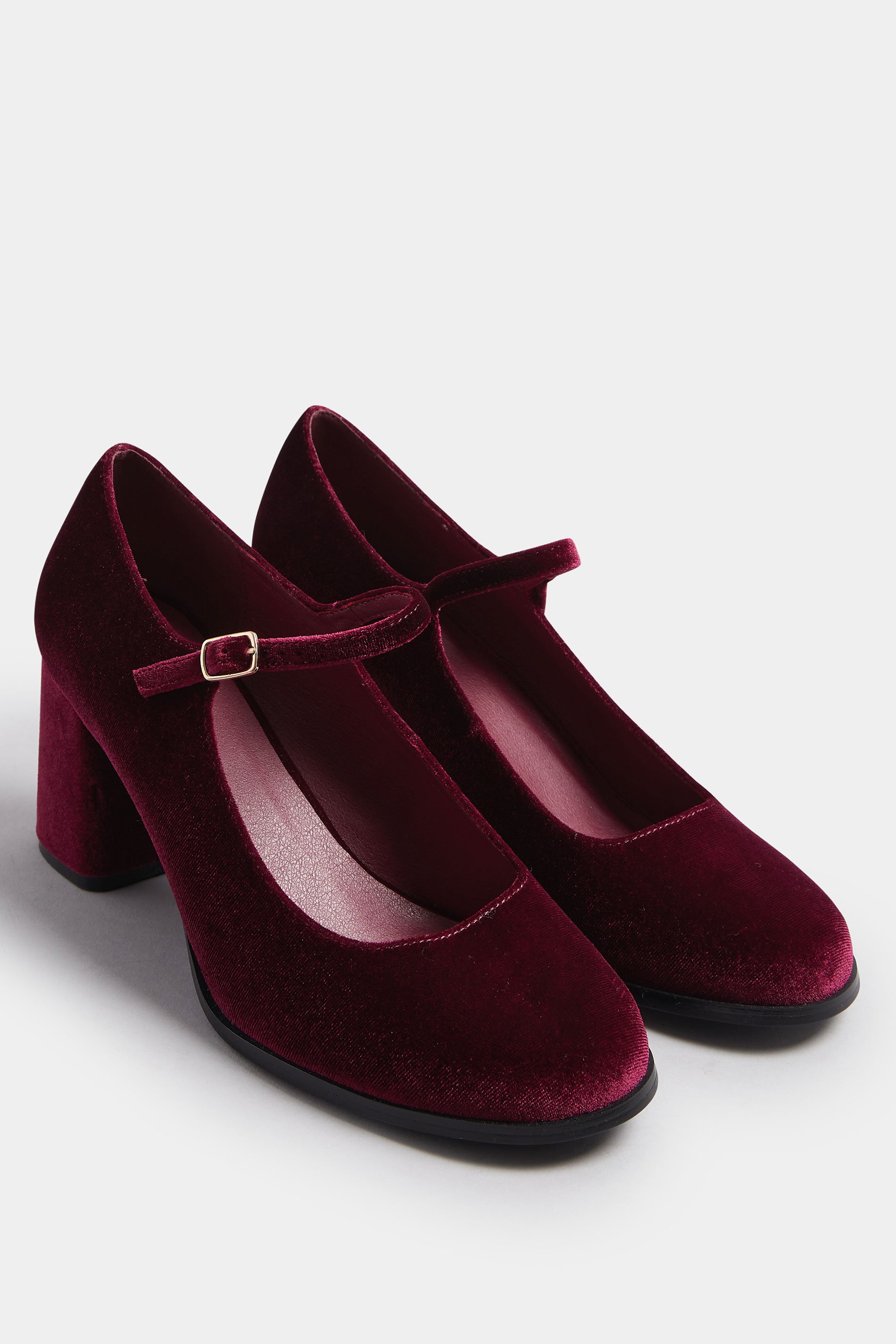 Burgundy Red Velvet Mary Jane Block Heels In Extra Wide EEE Fit | Yours Clothing 2