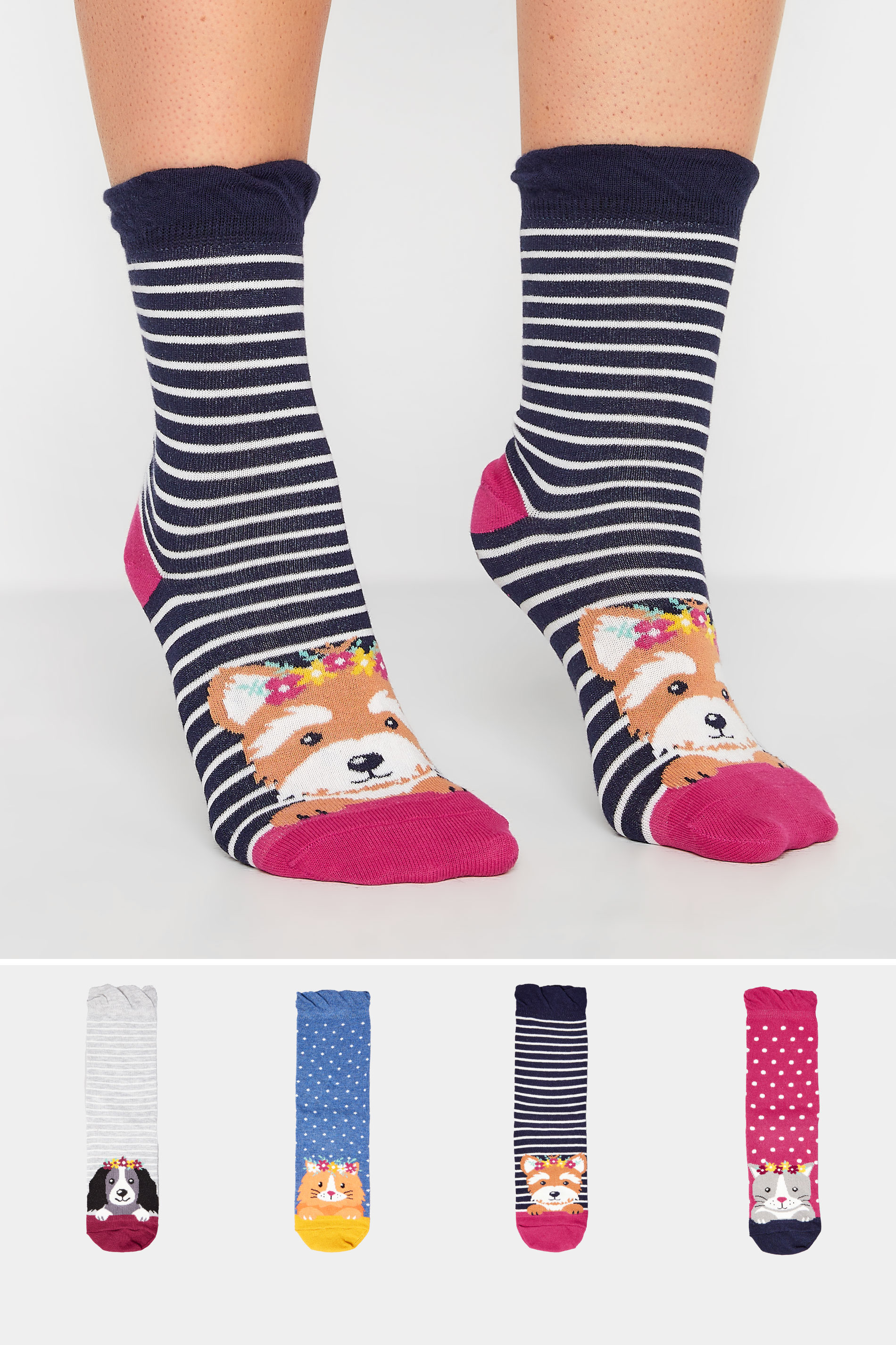 4 PACK Navy Blue Animal Print Stripe Ankle Socks | Yours Clothing  1