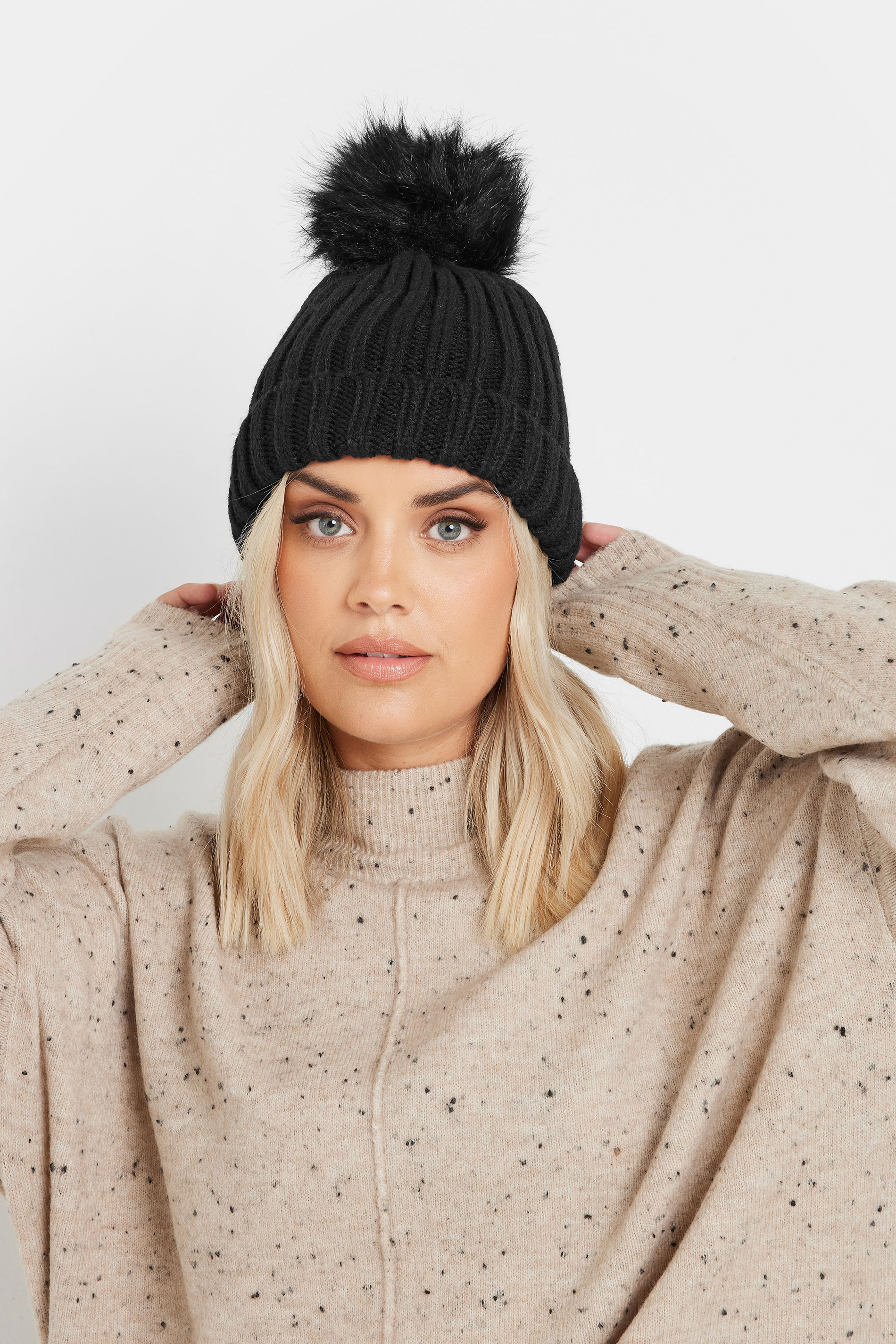 Black Faux Fur Pom Pom Bobble Hat | Yours Clothing 1