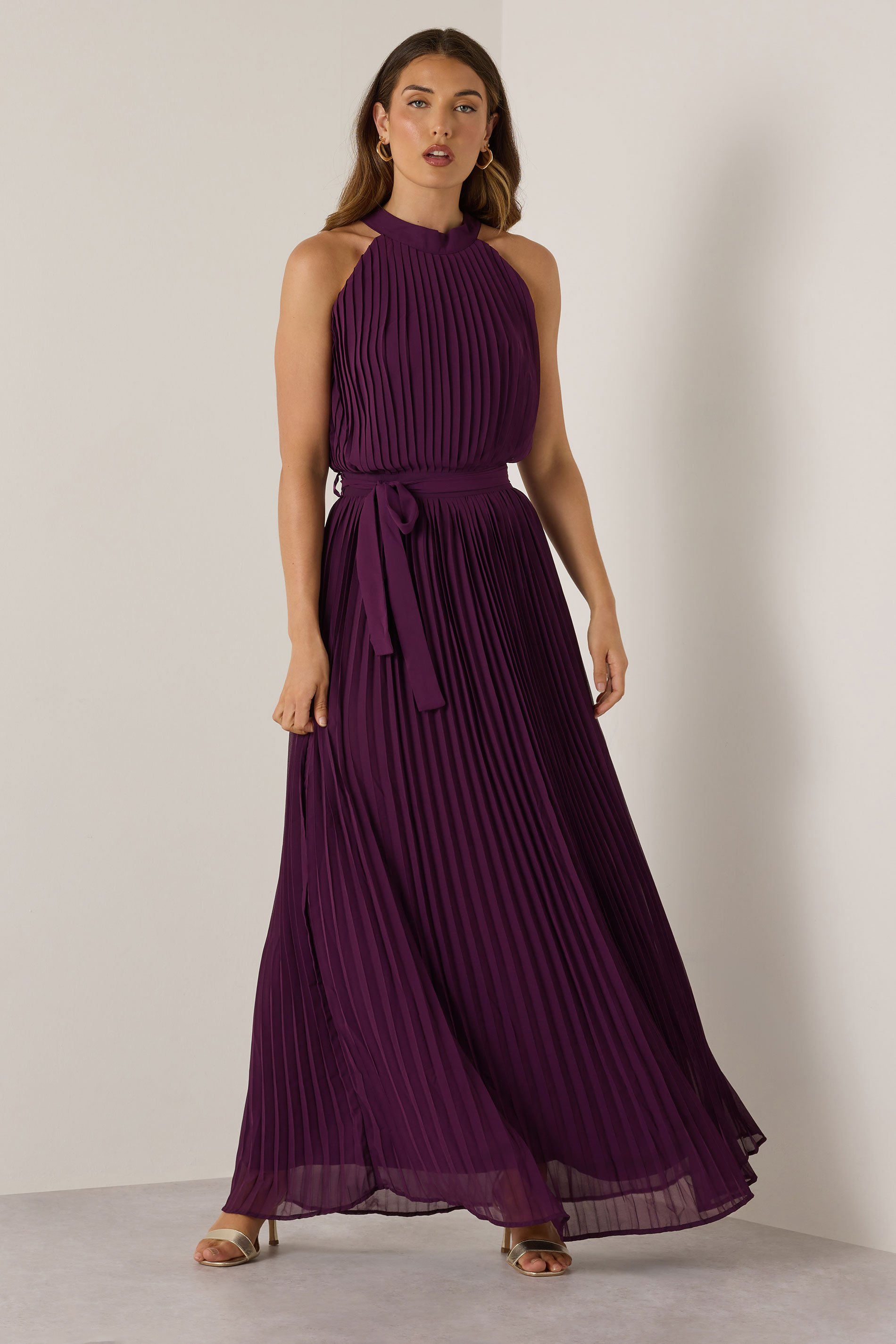 LTS Tall Burgundy Red Halterneck Pleated Maxi Dress | Long Tall Sally 1