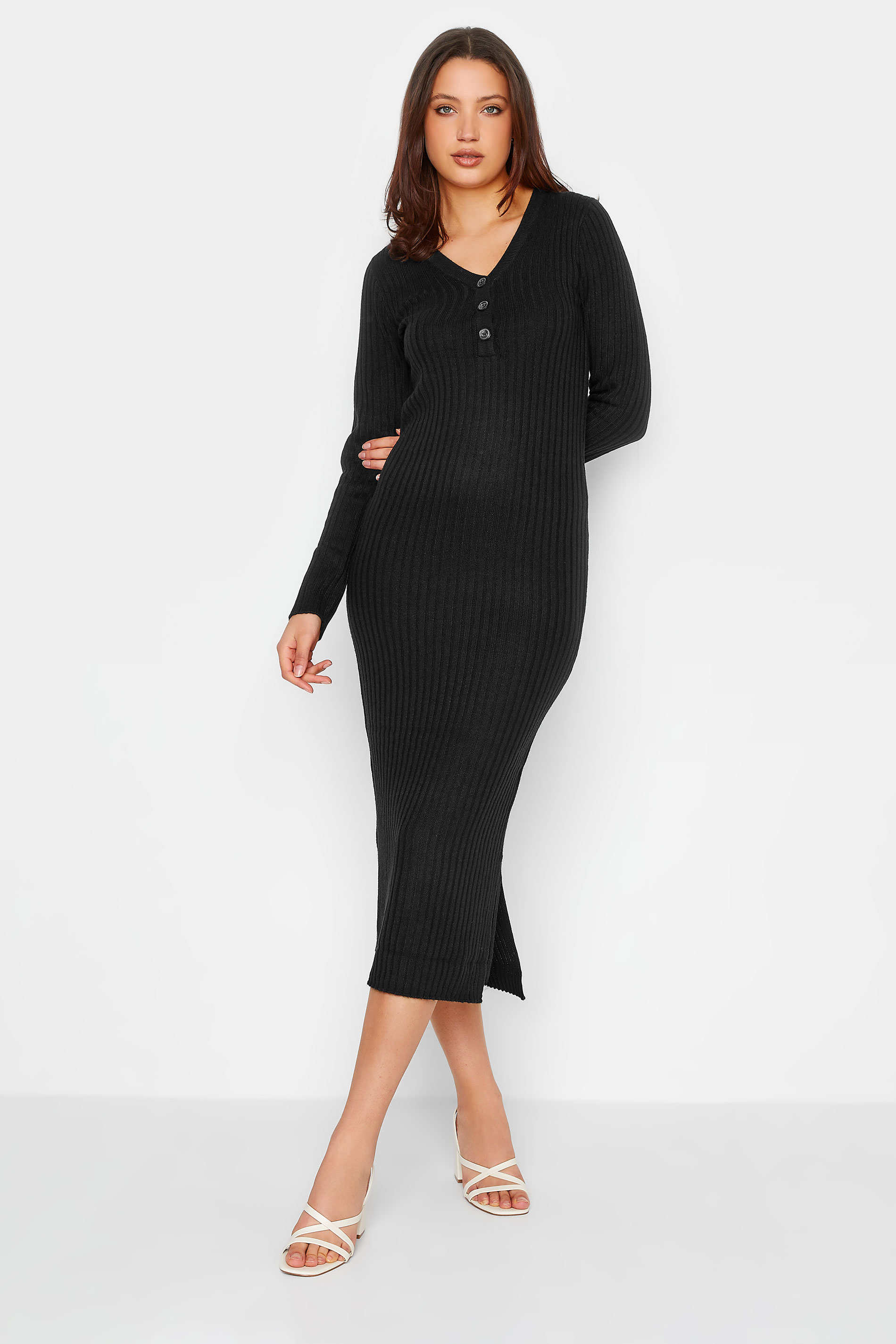 Tall Women's Black Ribbed Long Sleeve Midi Dress | Long Tall Sally  1