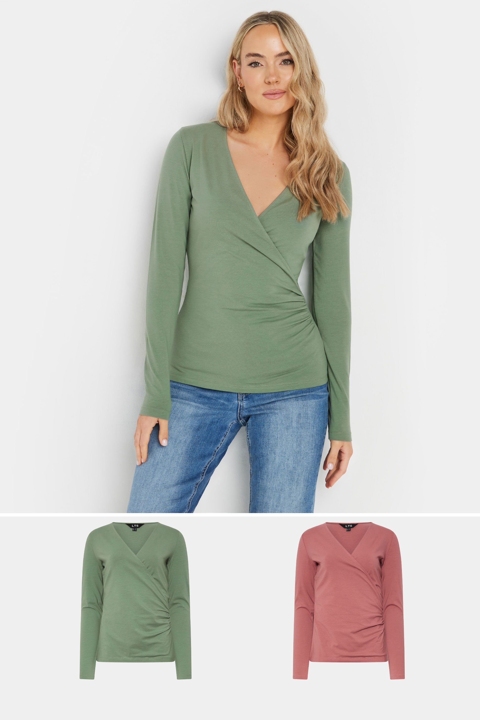 LTS Tall 2 PACK Sage Green & Pink Wrap Tops | Long Tall Sally 1