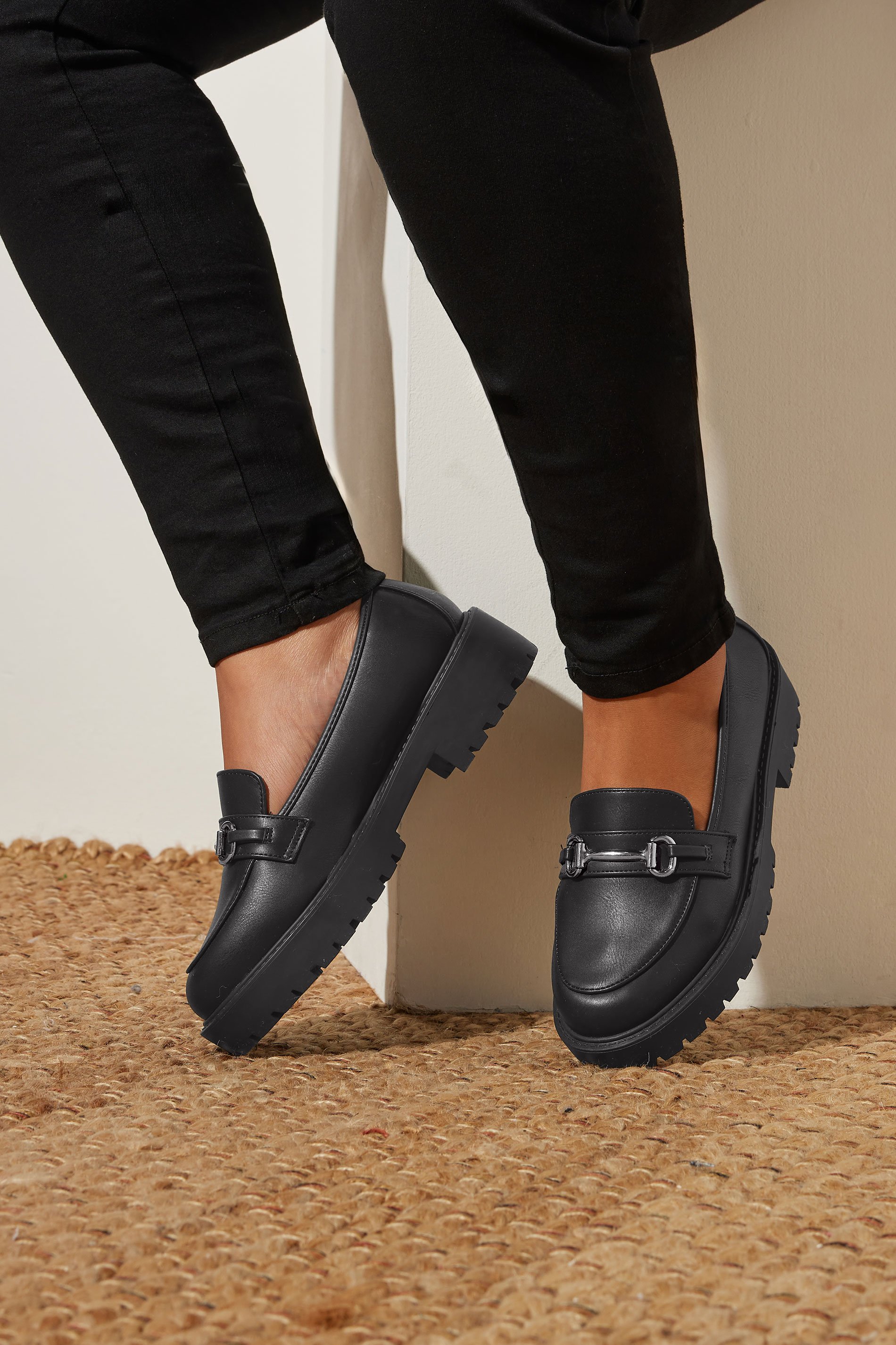 Black Metal Trim Detail Loafers In Wide E & Extra Wide EEE Fit | Yours Clothing 1