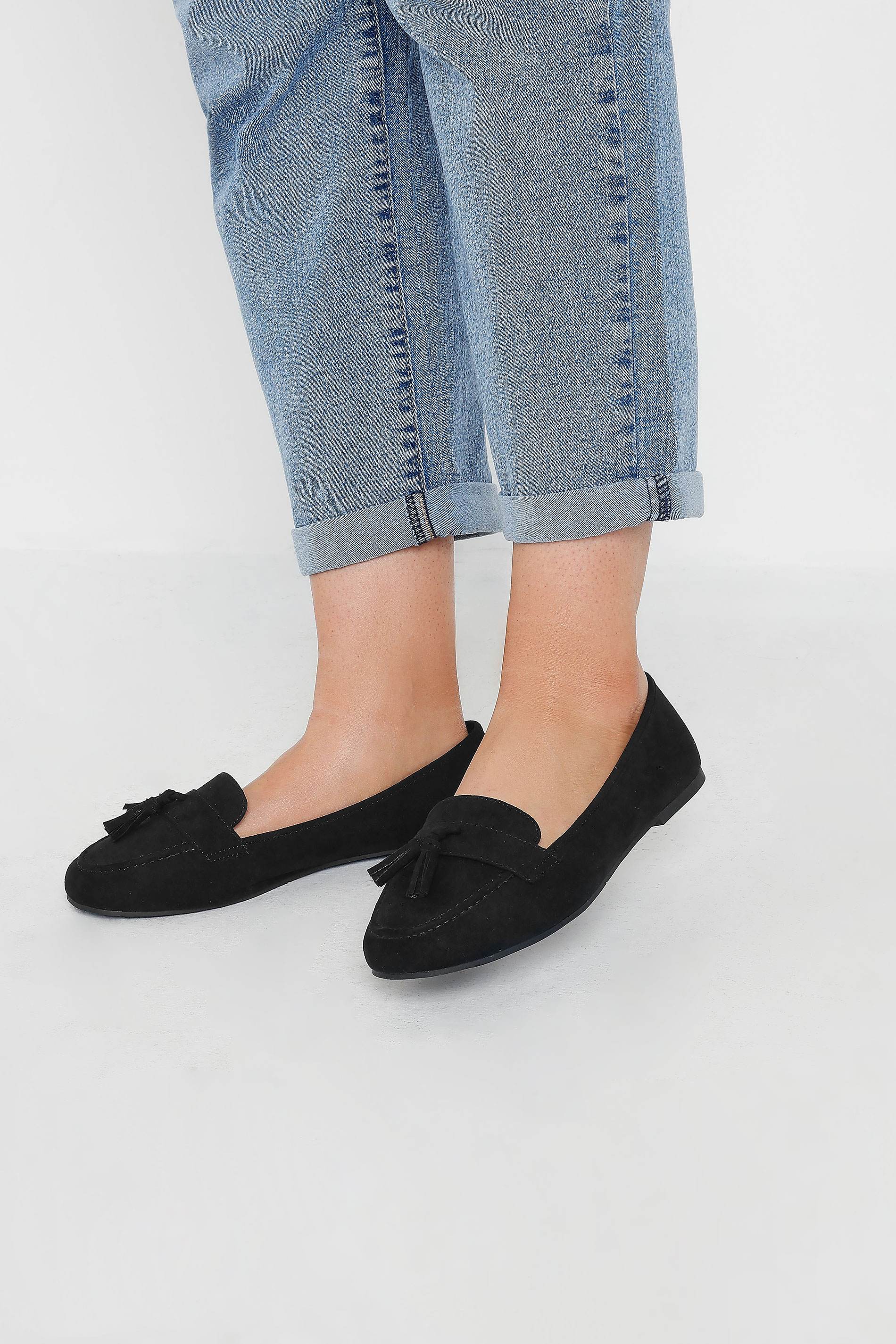 Black Tassel Detail Faux Suede Loafers In Wide E & Extra Wide EEE Fit | Yours Clothing 1