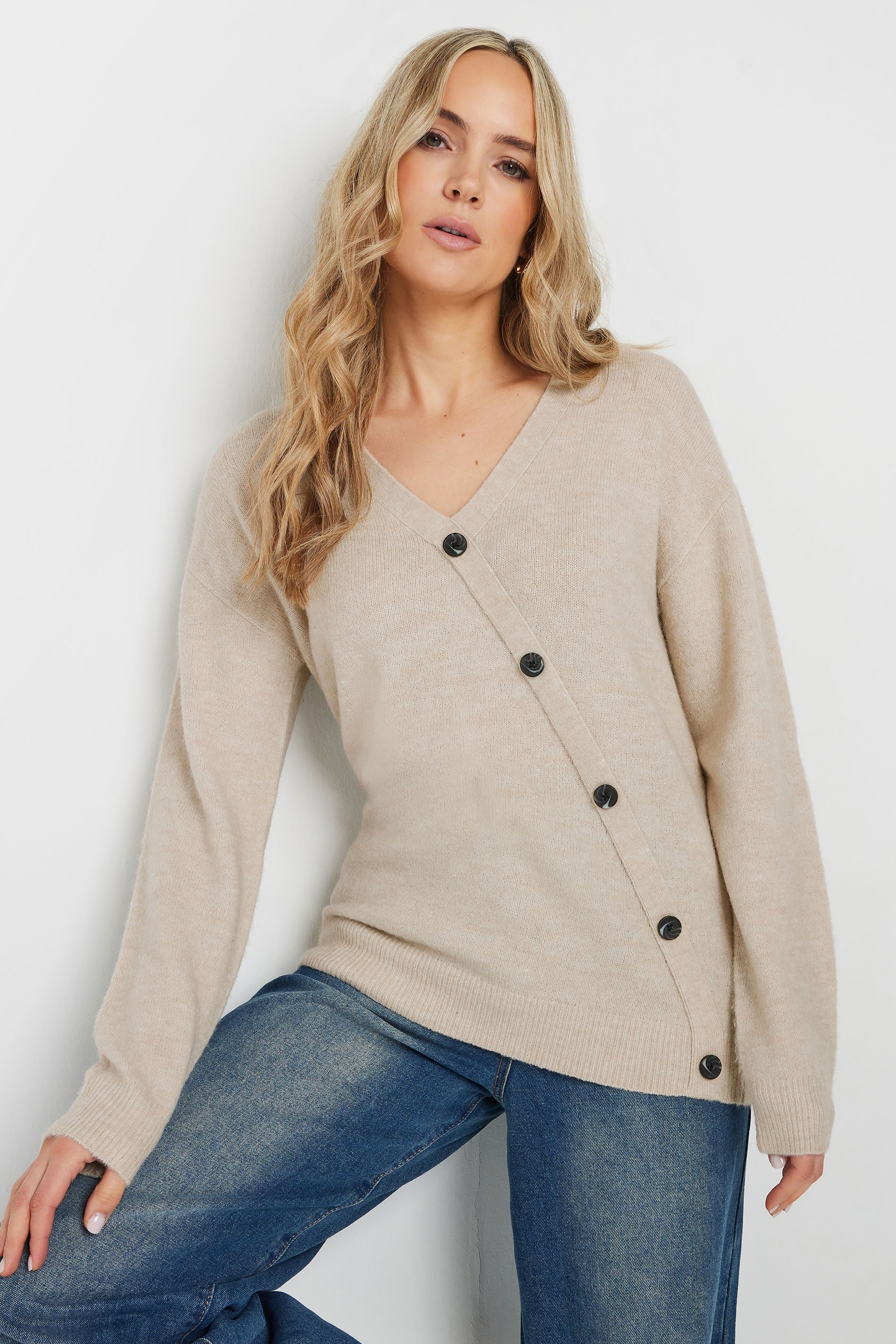 LTS Tall Natural Brown Knit Wrap Button Jumper | Long Tall Sally 1