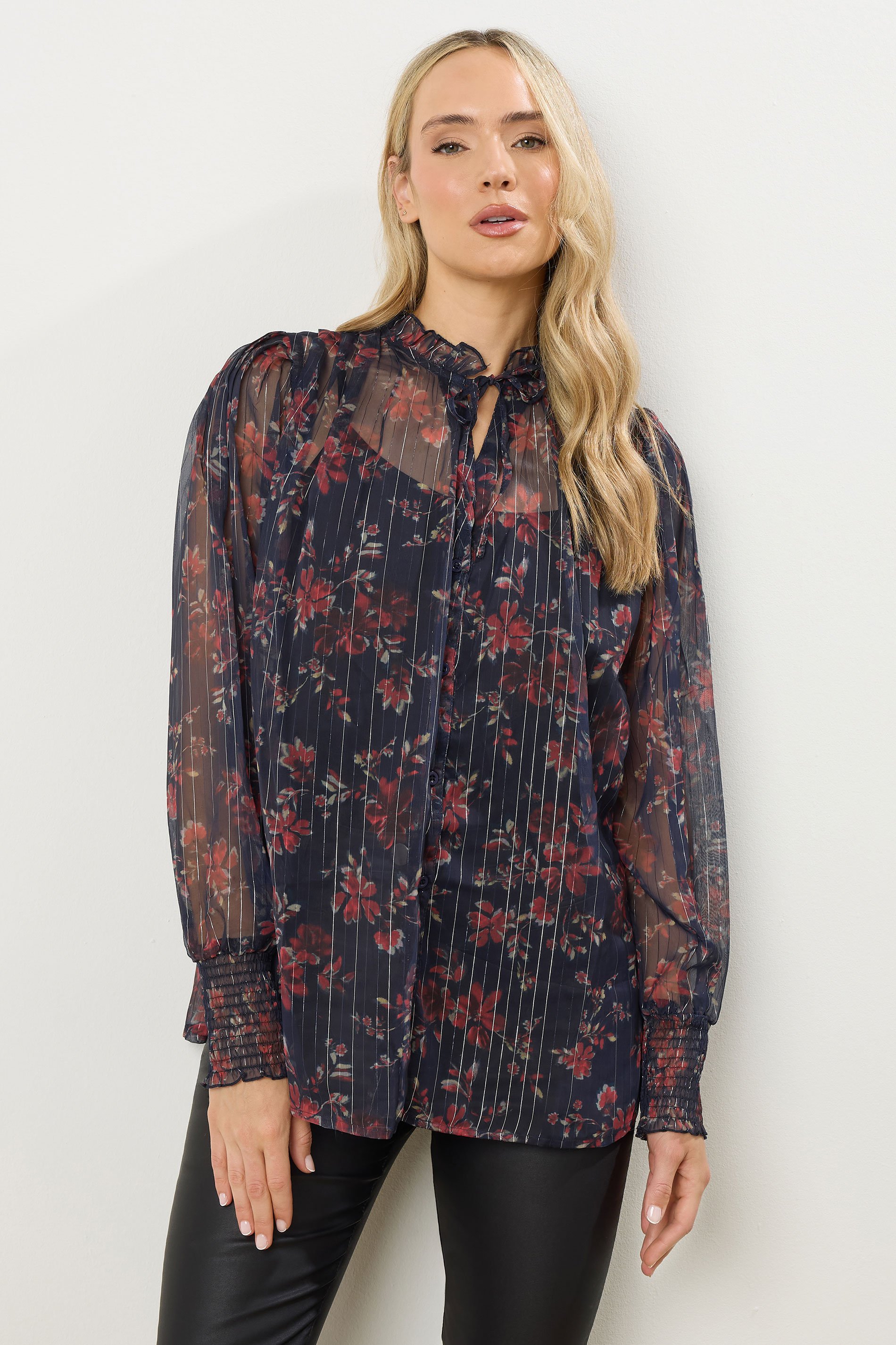 LTS Tall Navy Blue Floral Print Frill Neck Blouse | Long Tall Sally 1