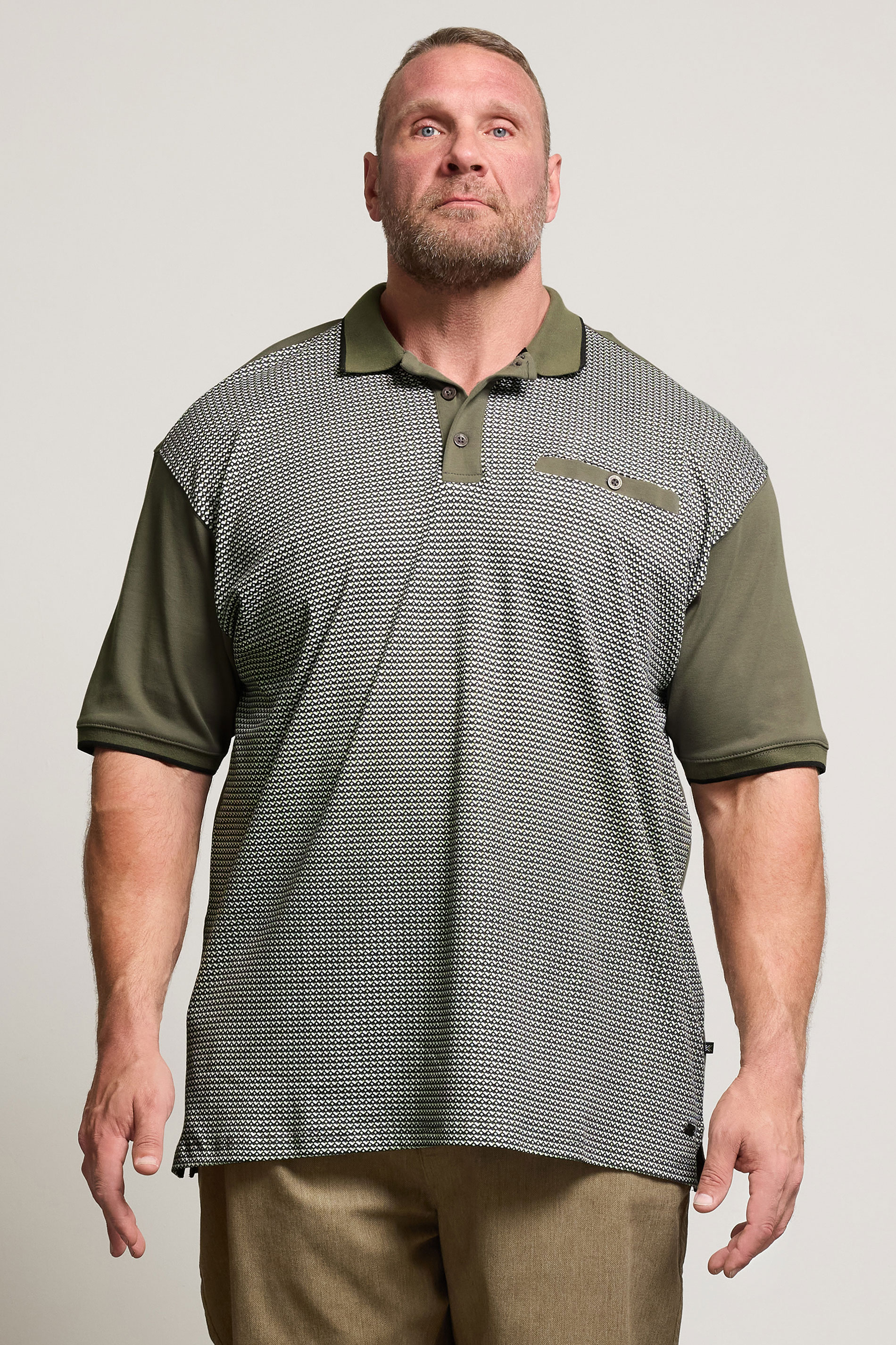 KAM Khaki Green Geometric Print Short Sleeve Polo Shirt | BadRhino 1