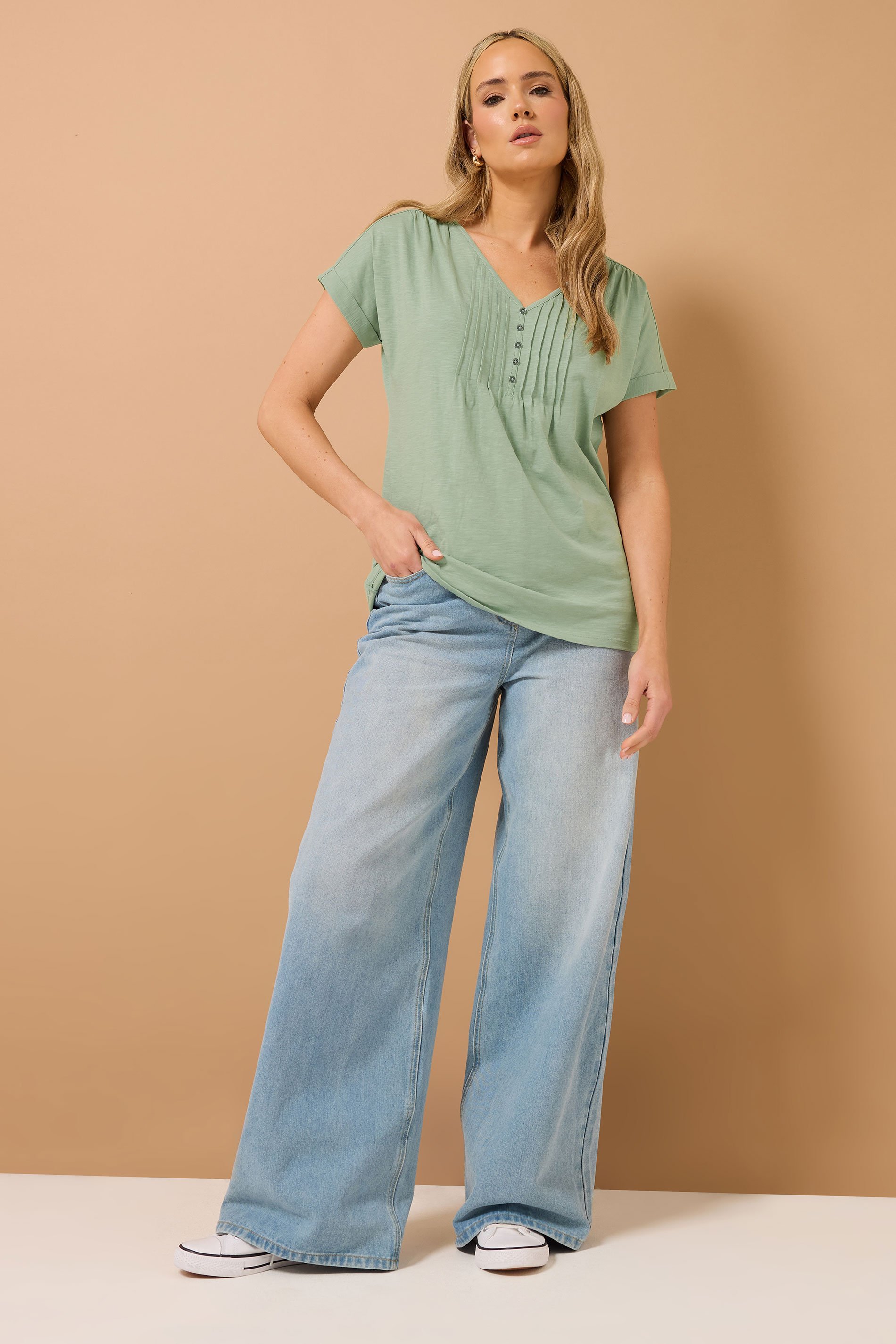 LTS Tall Sage Green Cotton Short Sleeve Henley Top | Long Tall Sally 3