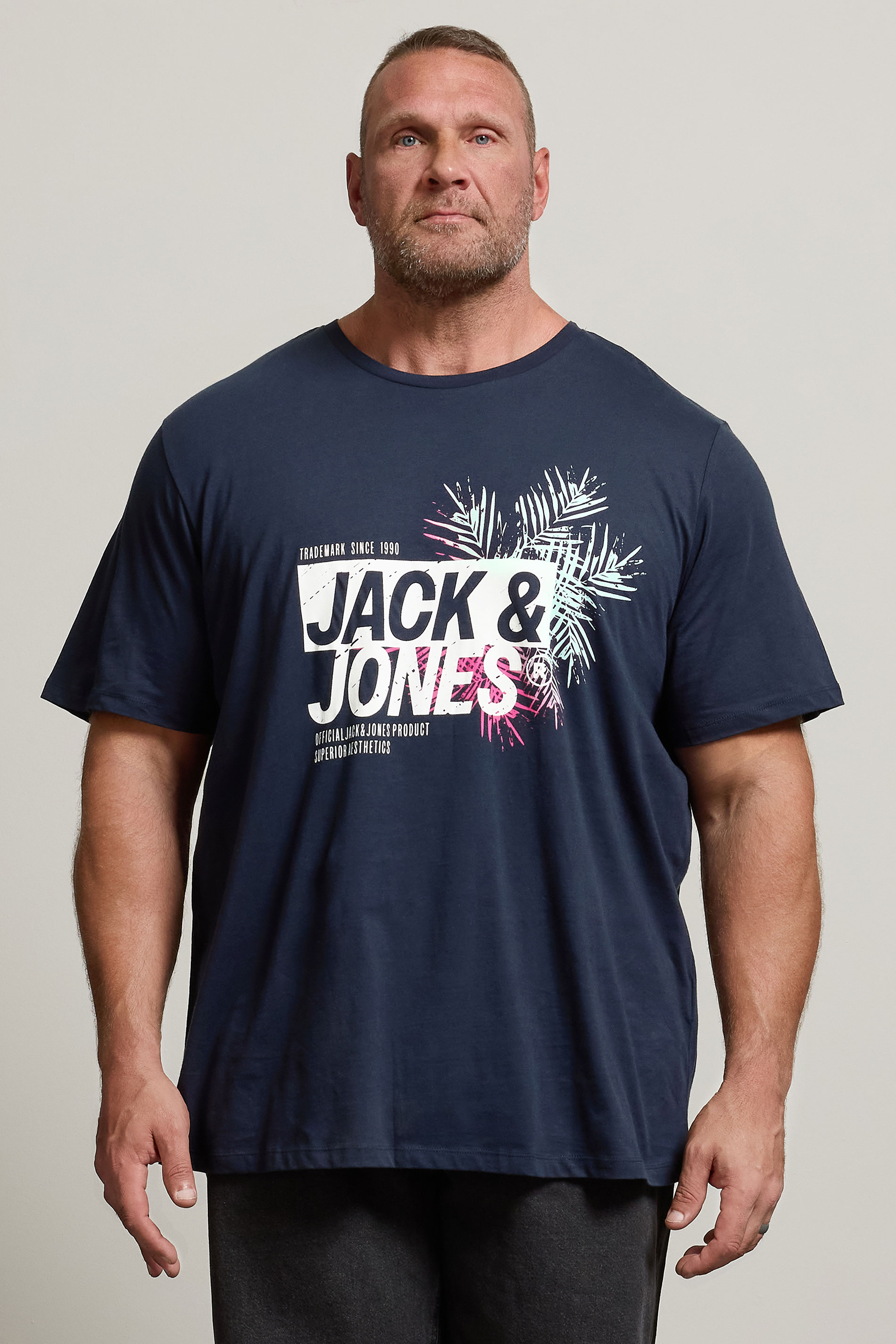 JACK & JONES Big & Tall Navy Blue Contrast Logo Print T-Shirt | BadRhino 1