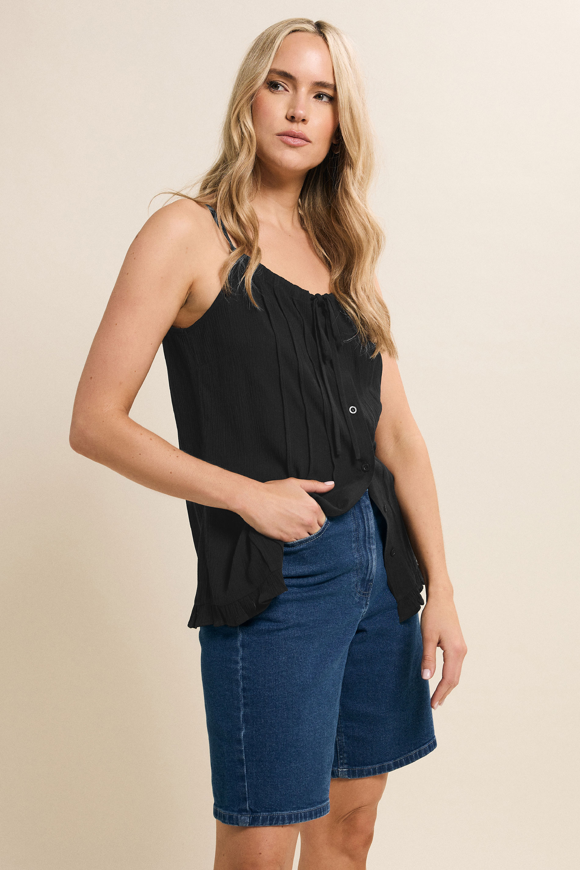 LTS Tall Black Crinkle Button Vest Top | Long Tall Sally 4