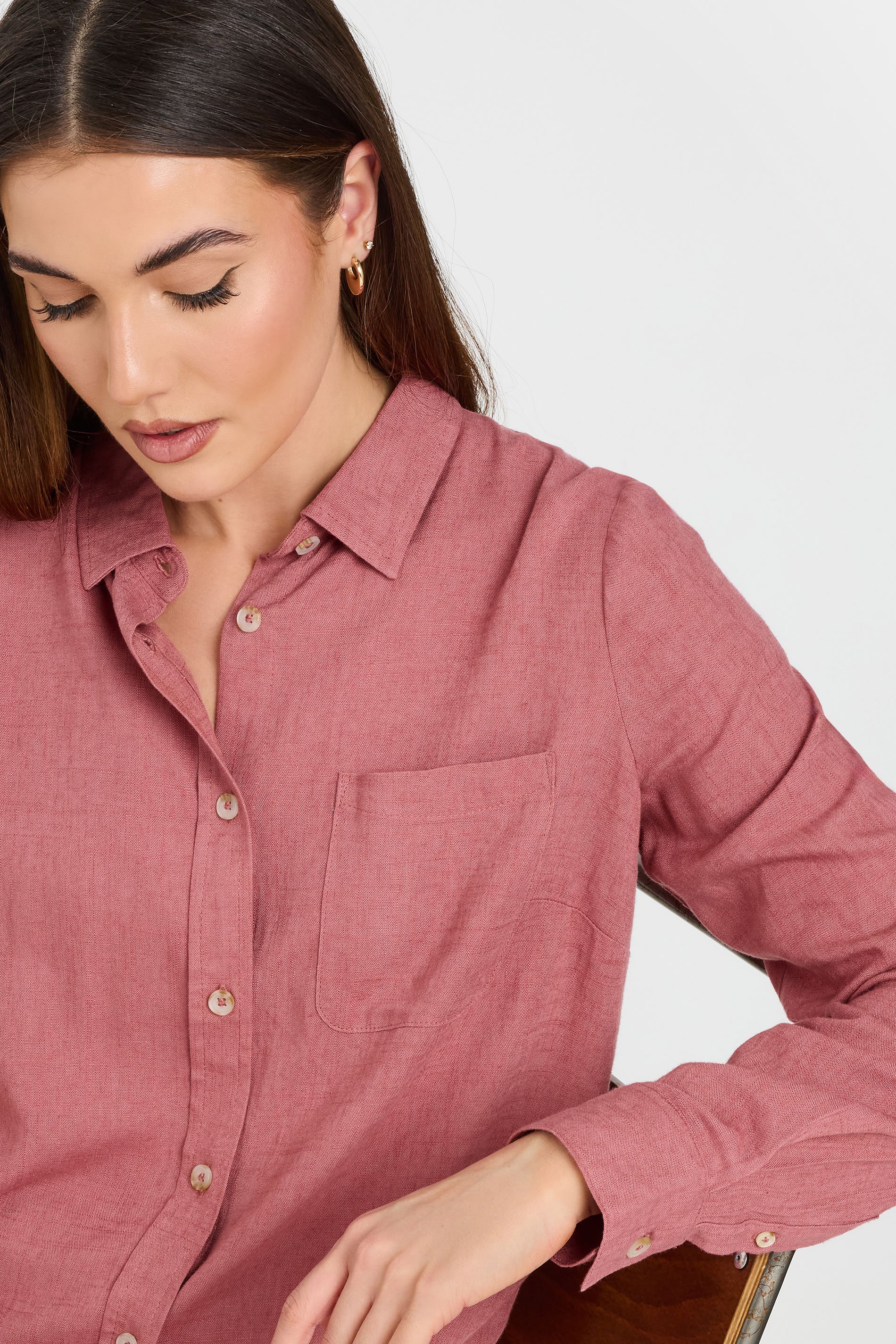 LTS Tall Coral Pink Linen Oversized Long Sleeve Shirt | Long Tall Sally 5