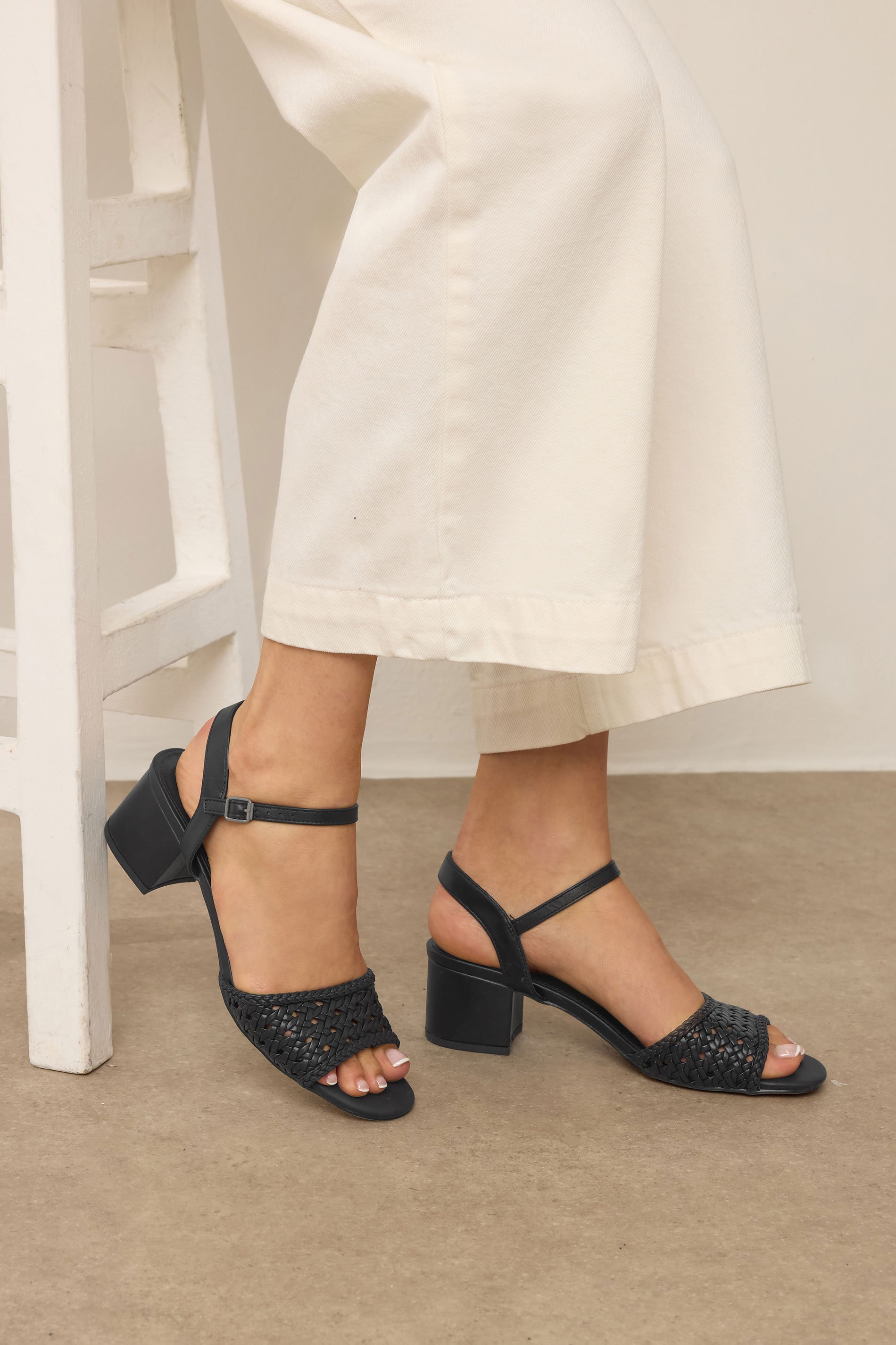 LTS Black Woven Strap Open Toe Block Heel In Standard Fit | Long Tall Sally 1
