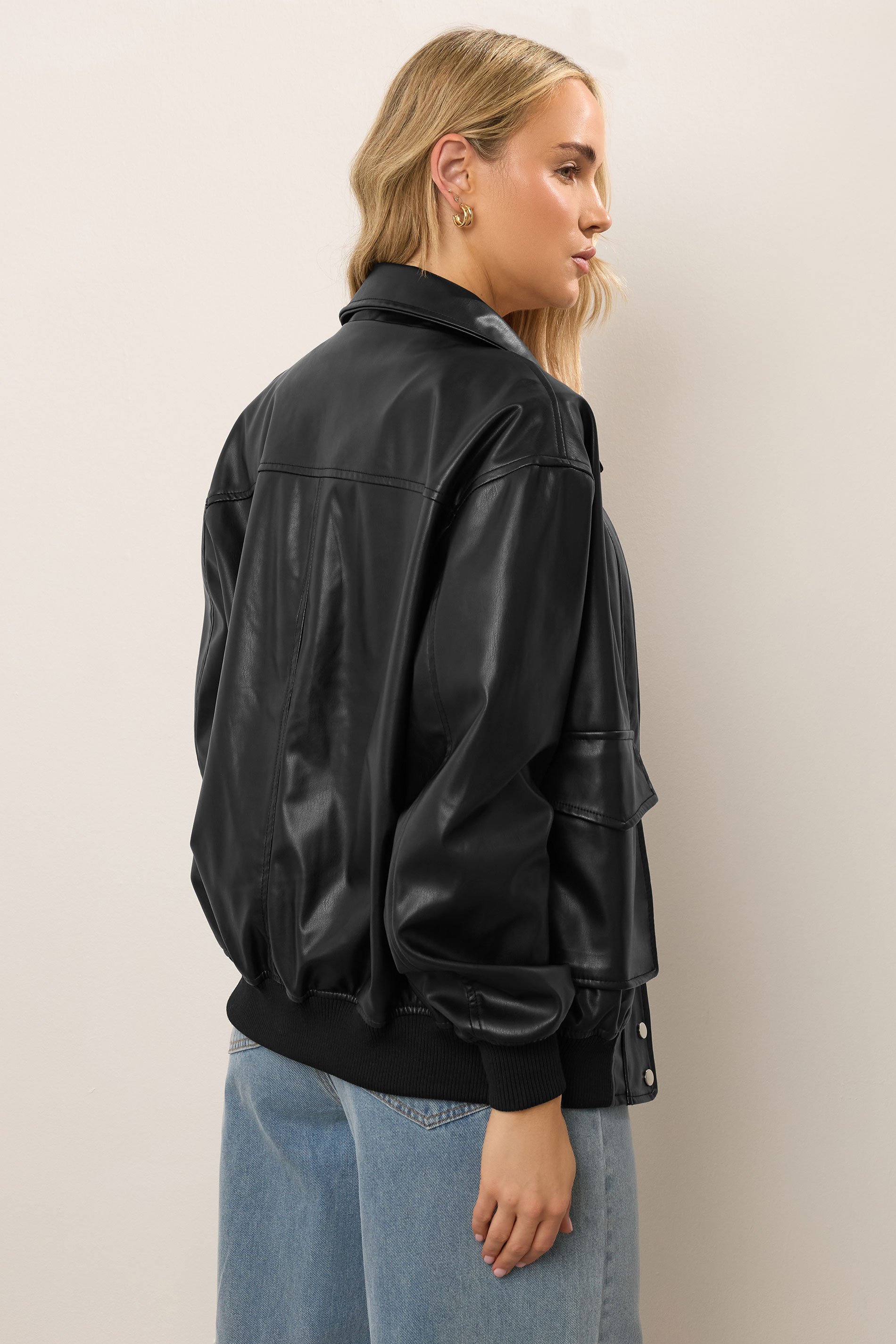 LTS Tall Black Faux Leather Pocket Trucker Jacket | Long Tall Sally 4