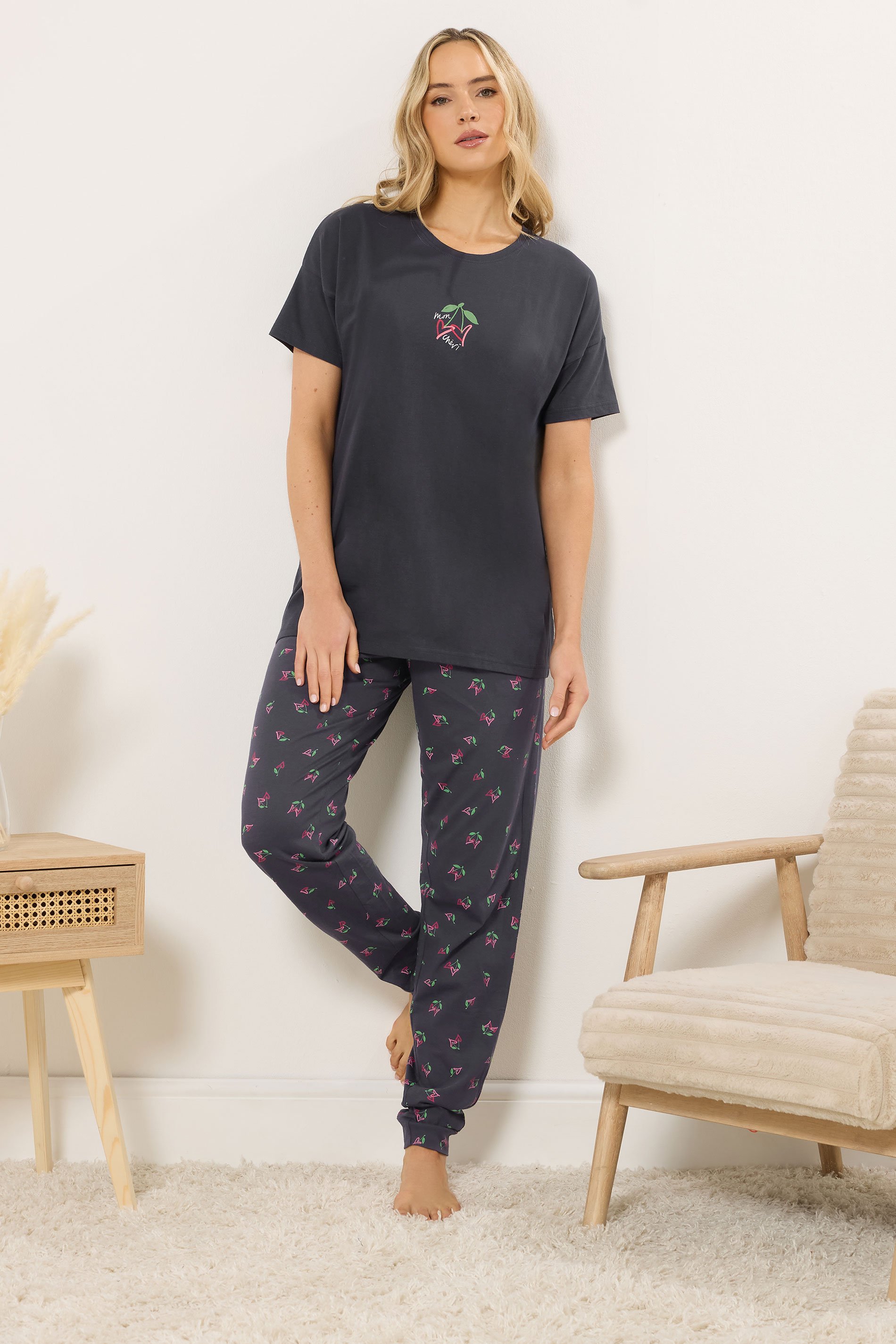 LTS Tall Women's Navy Blue 'Mon Cheri' Slogan Pyjama Set | Long Tall Sally 1