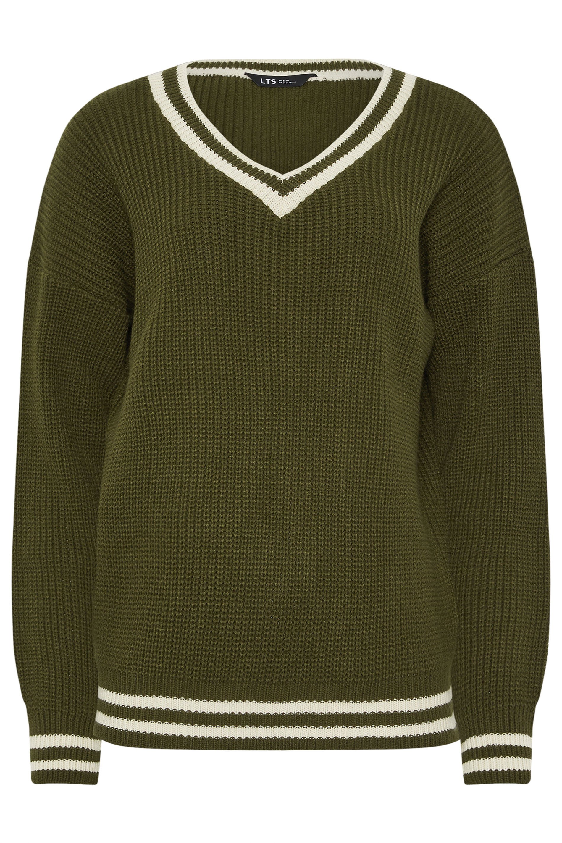 LTS Tall Women's Khaki Green Stripe V-Neck Jumper | Long Tall Sally 1