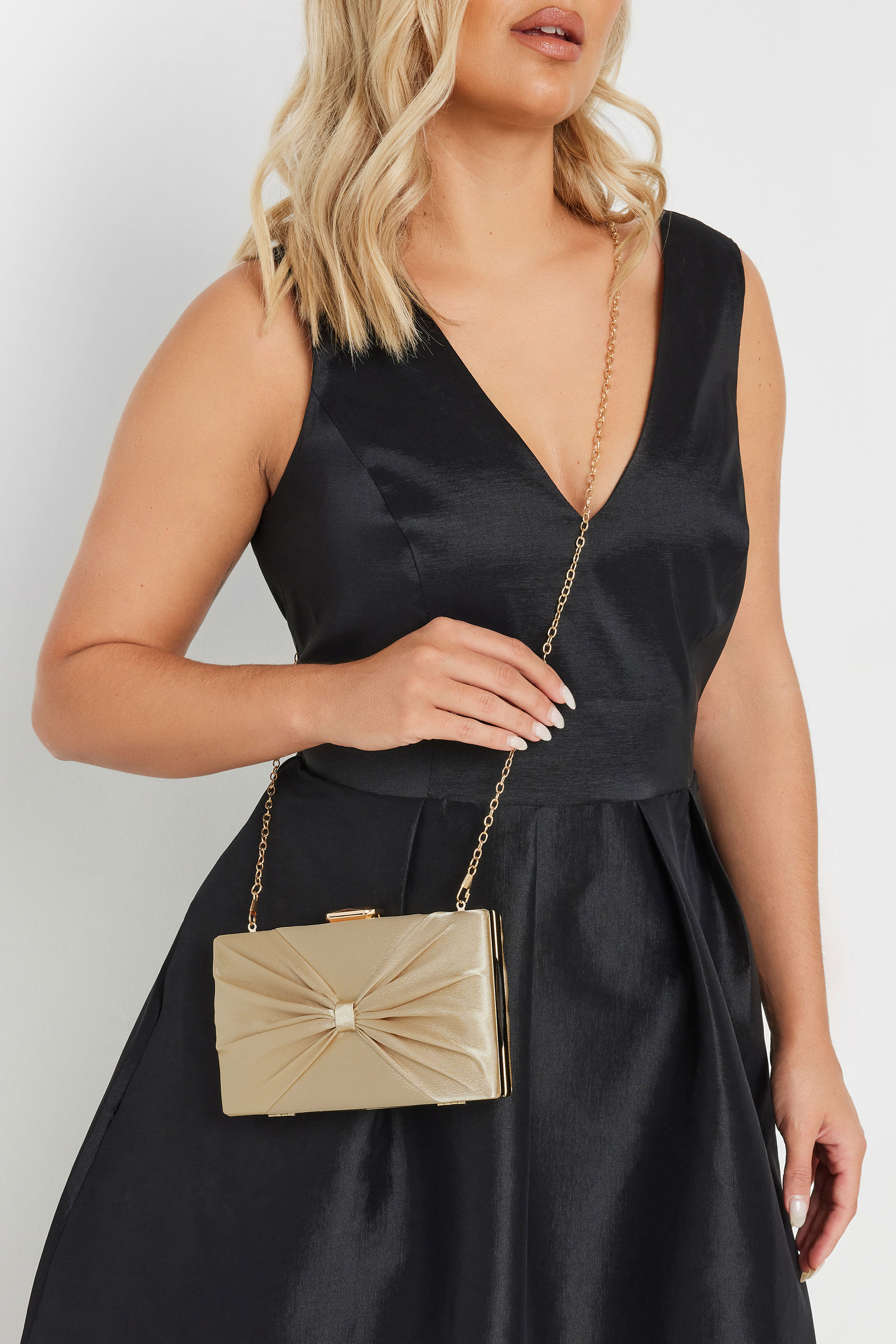 Gold Satin Bow Detail Clutch Bag | Yours Clothing 1