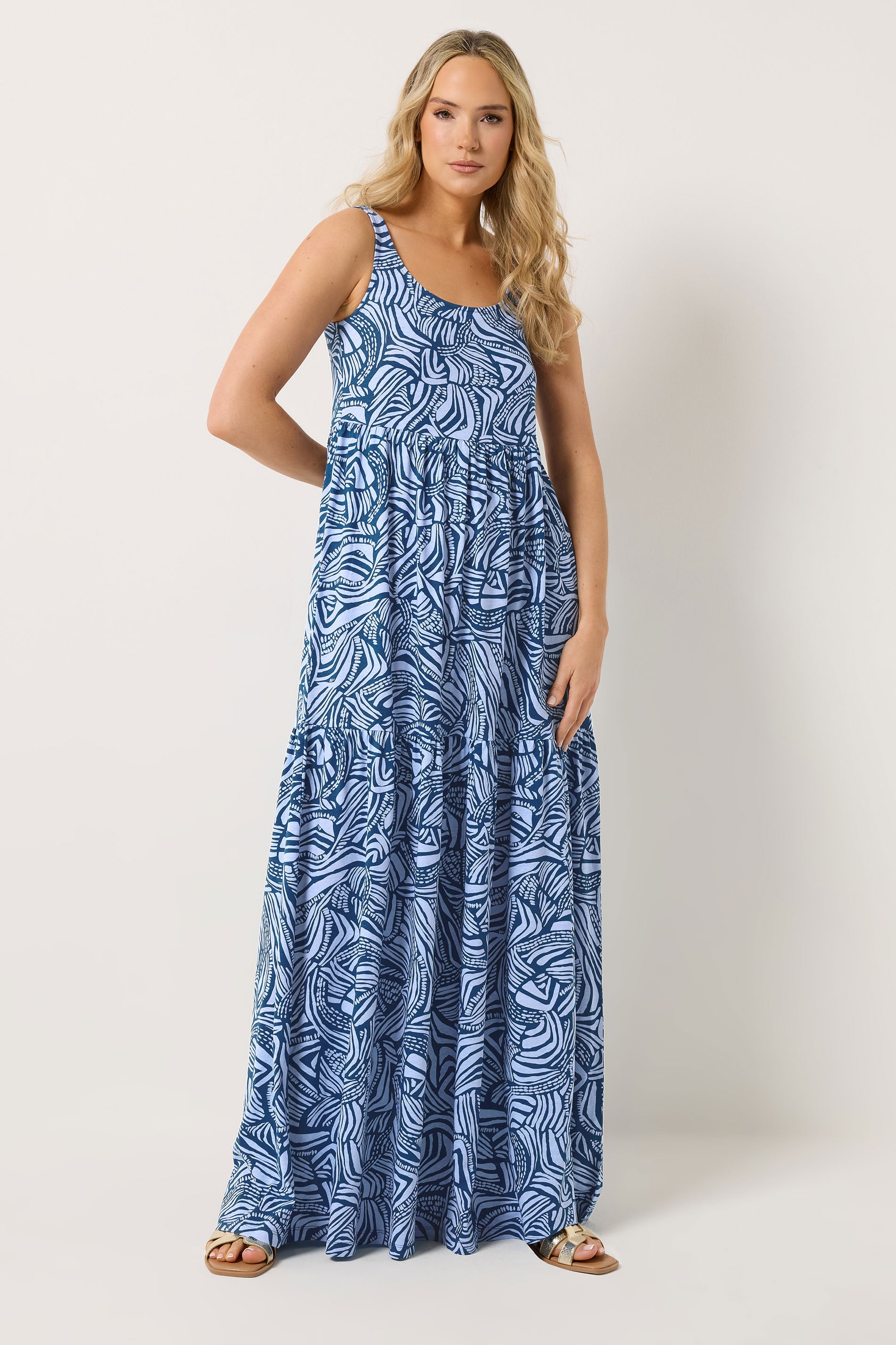 Lts Women's Blue Tall Abstract Tiered Cotton Maxi Dress Size 16