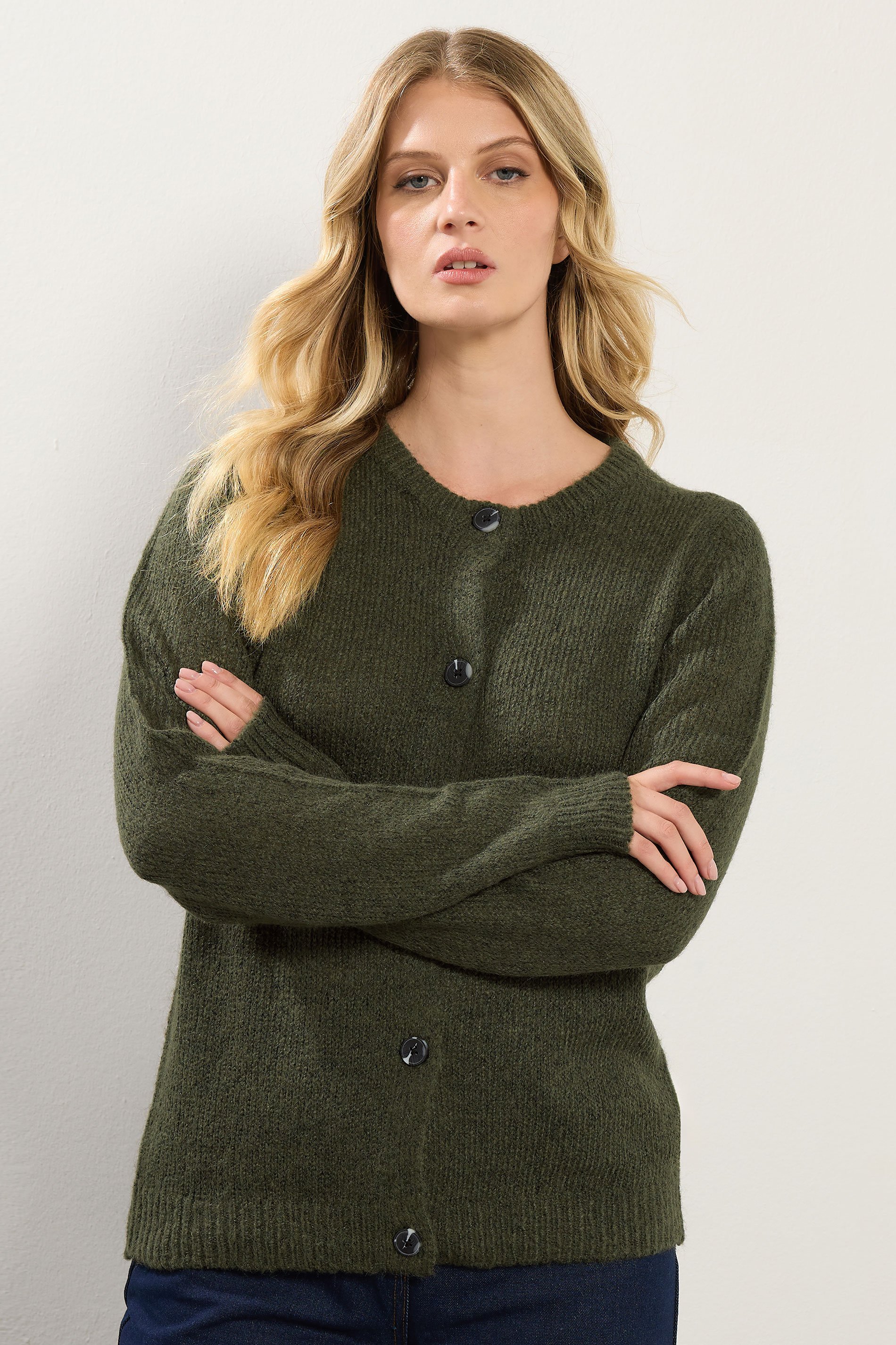 LTS Tall Khaki Green Knitted Button Cardigan | Long Tall Sally 1