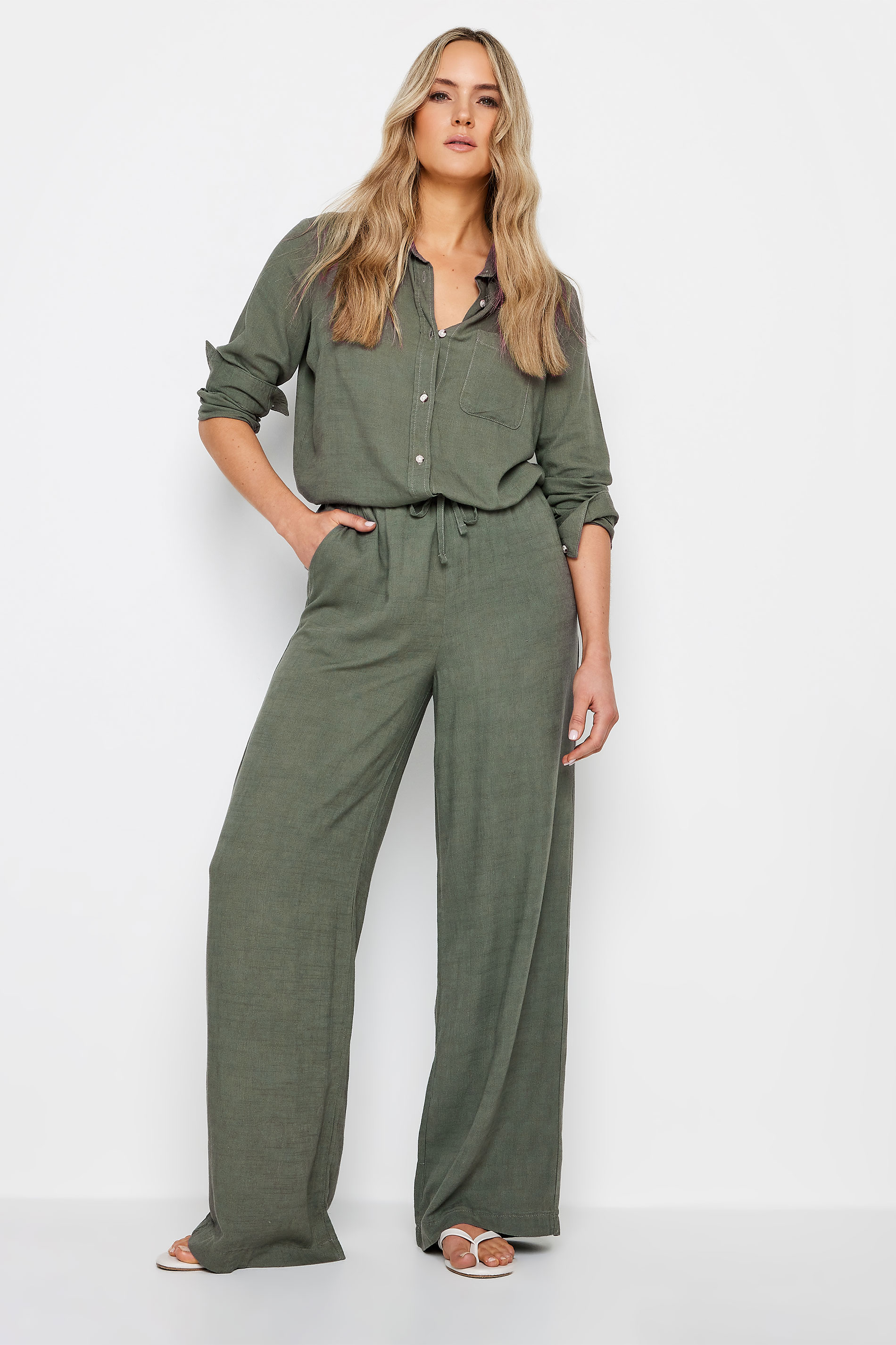 LTS Tall Womens Khaki Green Linen Shirt | Long Tall Sally 2