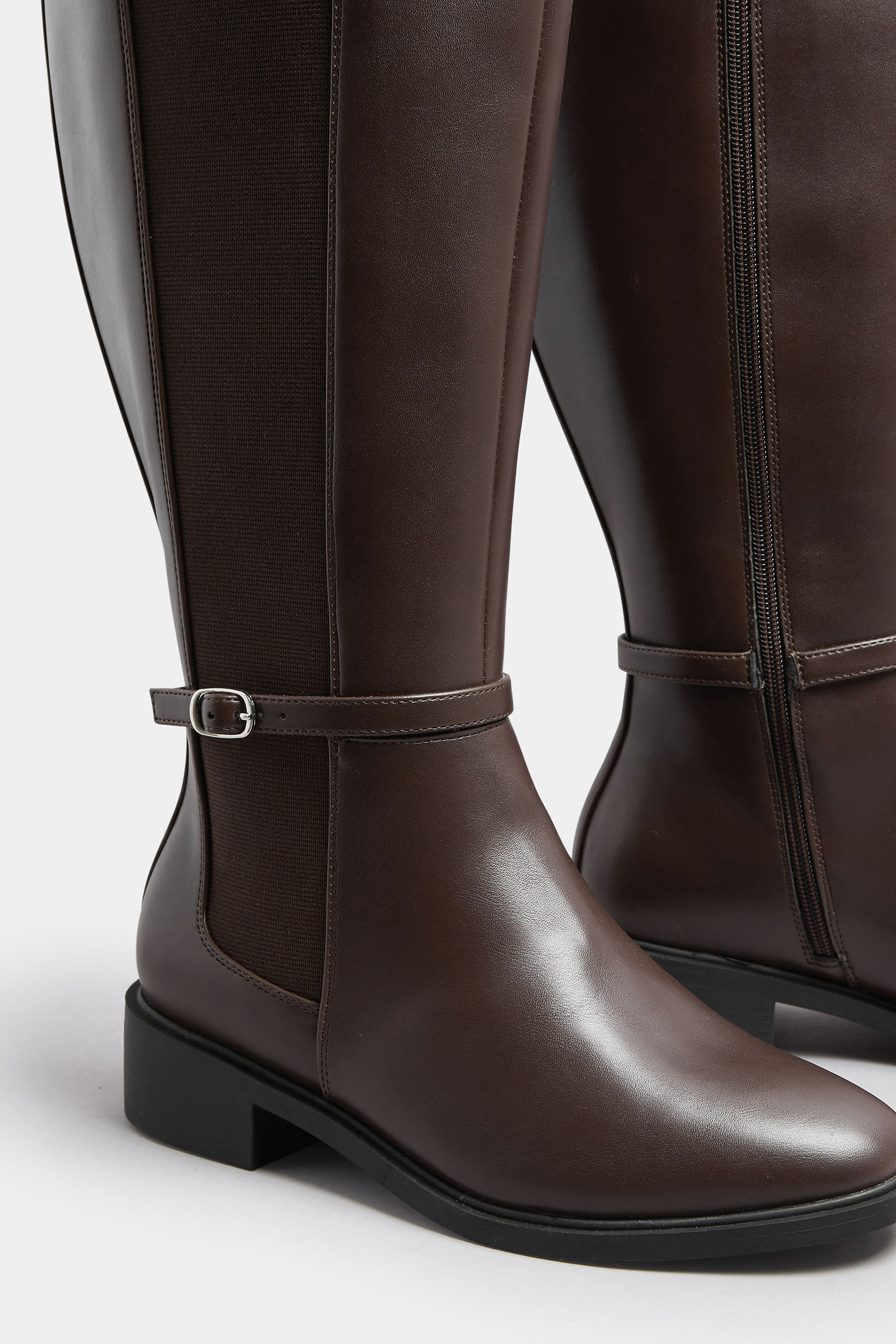 Brown Faux Leather Buckle Knee High Riding Boots In Extra Wide EEE Fit | Yours Clothing 5