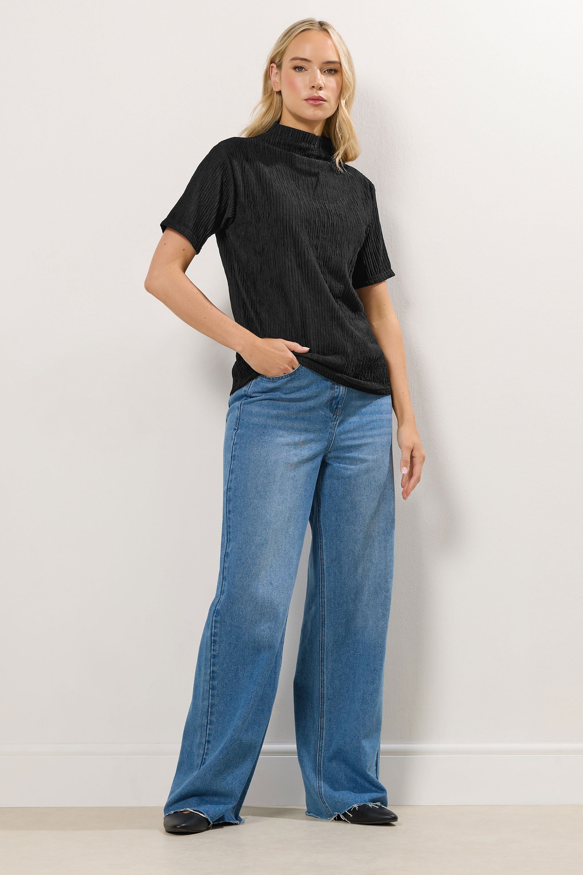 LTS Tall Black Textured Funnel Neck Top | Long Tall Sally 2