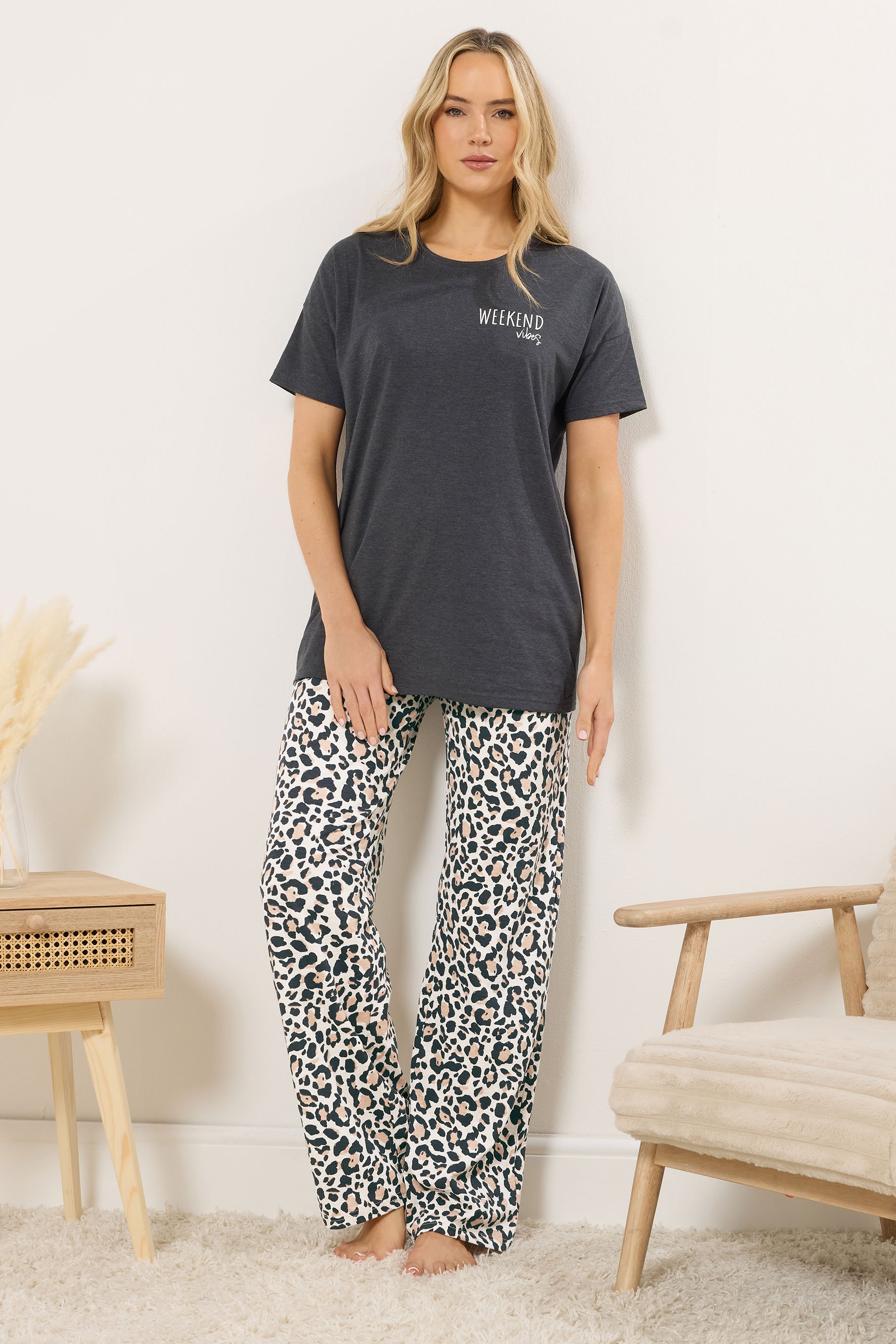 LTS Tall Women's Charcoal Grey 'Weekend Vibes' Slogan Pyjama Set | Long Tall Sally 3