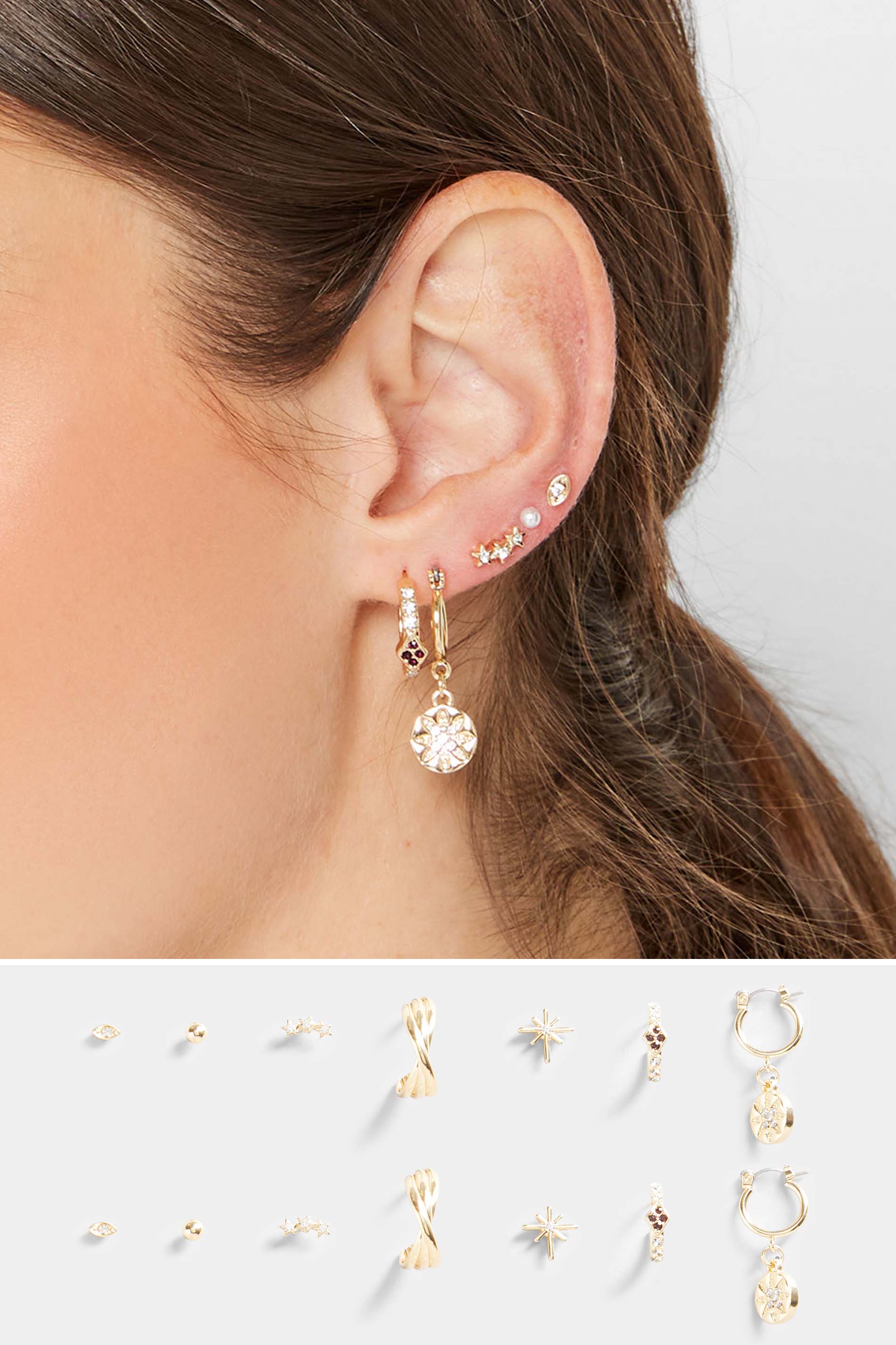 9 PACK Gold Earrings Set | Yours Clothing 1