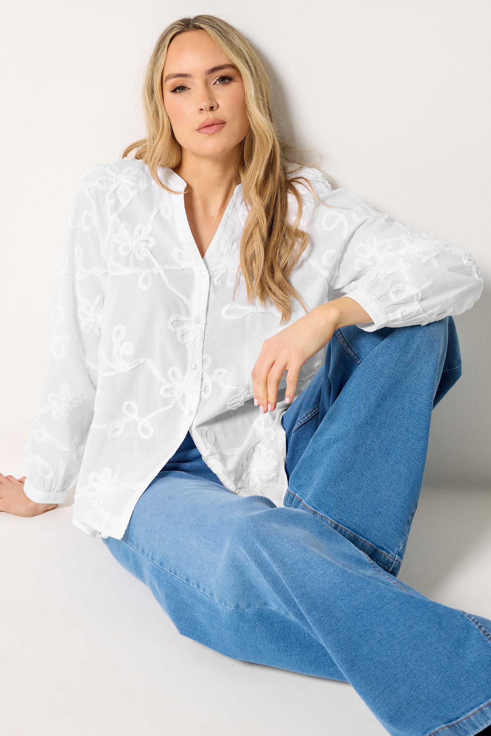 LTS Tall Women's White Floral Cornelli Cotton Shirt | Long Tall Sally 3