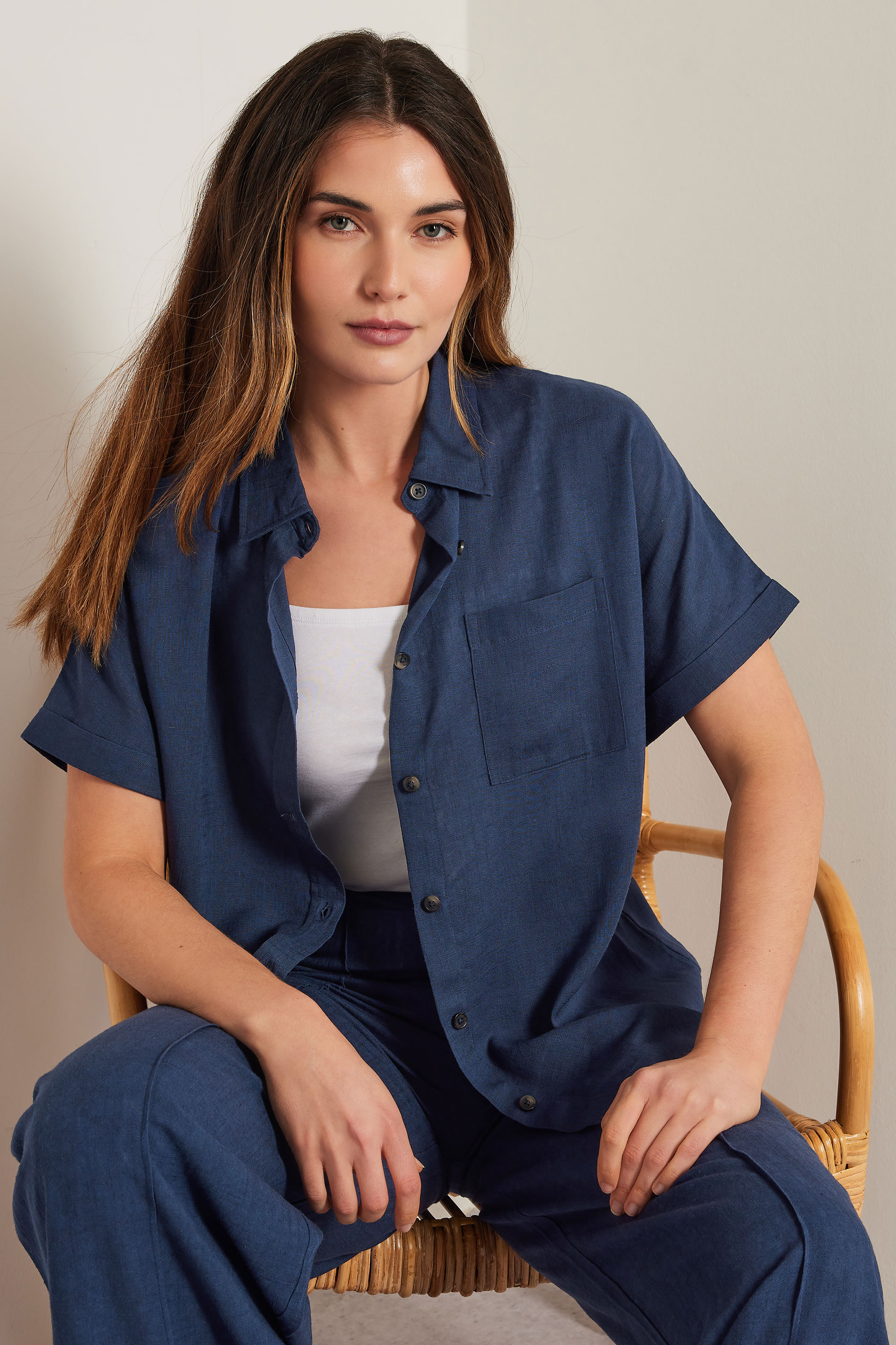 LTS Tall Navy Blue Linen Oversized Short Sleeve Shirt | Long Tall Sally 2