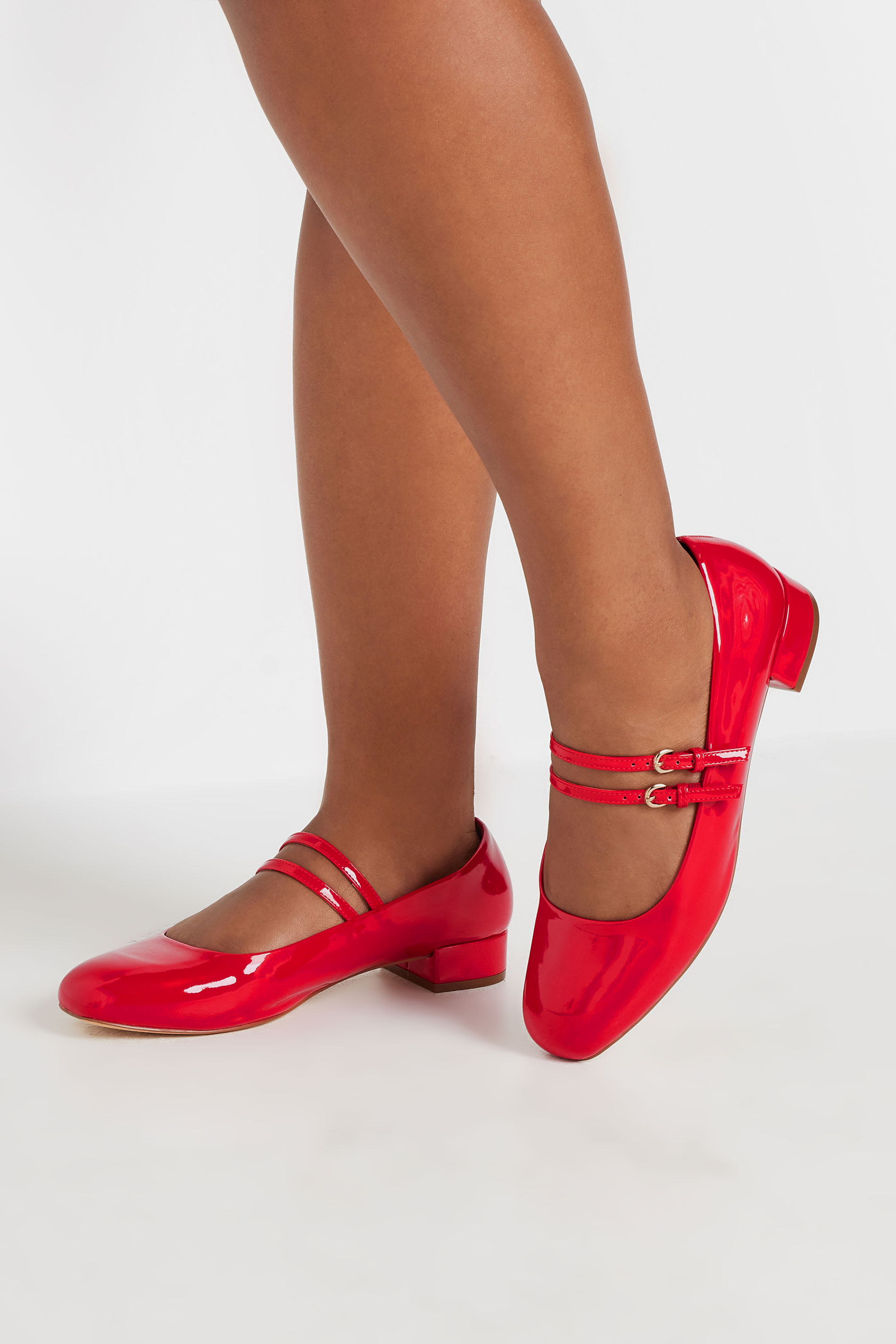 Red Patent Low Block Mary Jane Shoes In Extra Wide EEE Fit | Yours Clothing 3
