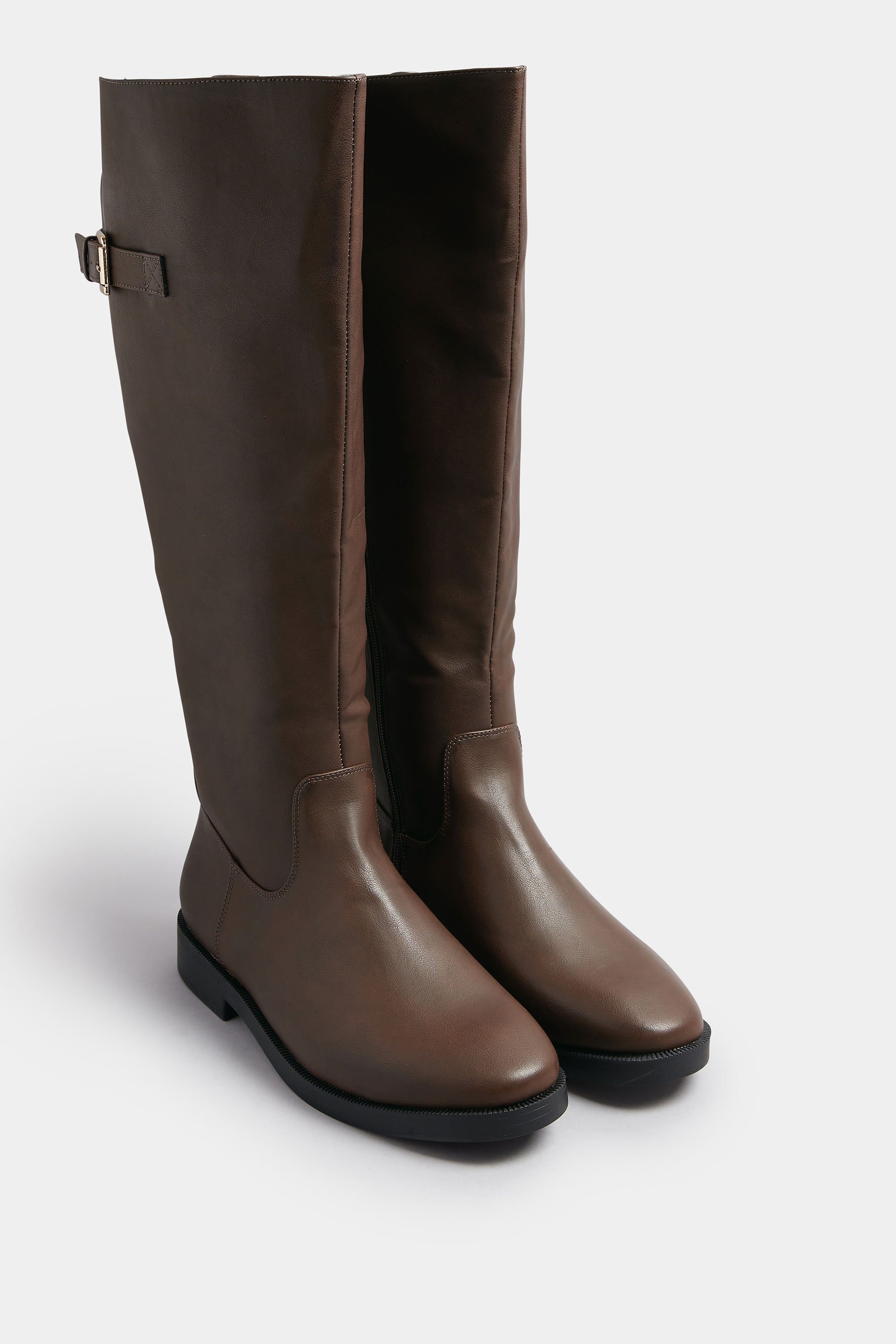 Brown Faux Leather Buckle Detail Knee High Boots In Extra Wide EEE Fit | Yours Clothing 2
