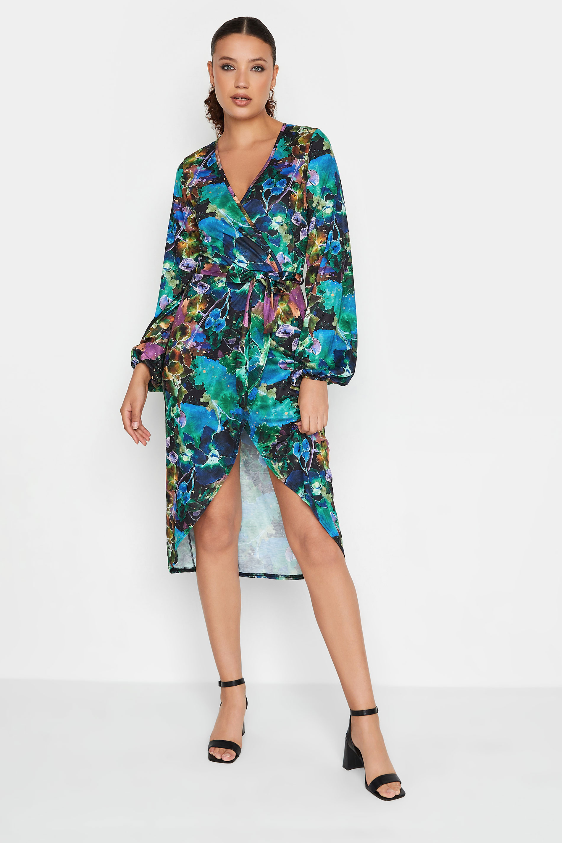 LTS Tall Women's Black & Blue Floral Midi Wrap Dress | Long Tall Sally 1